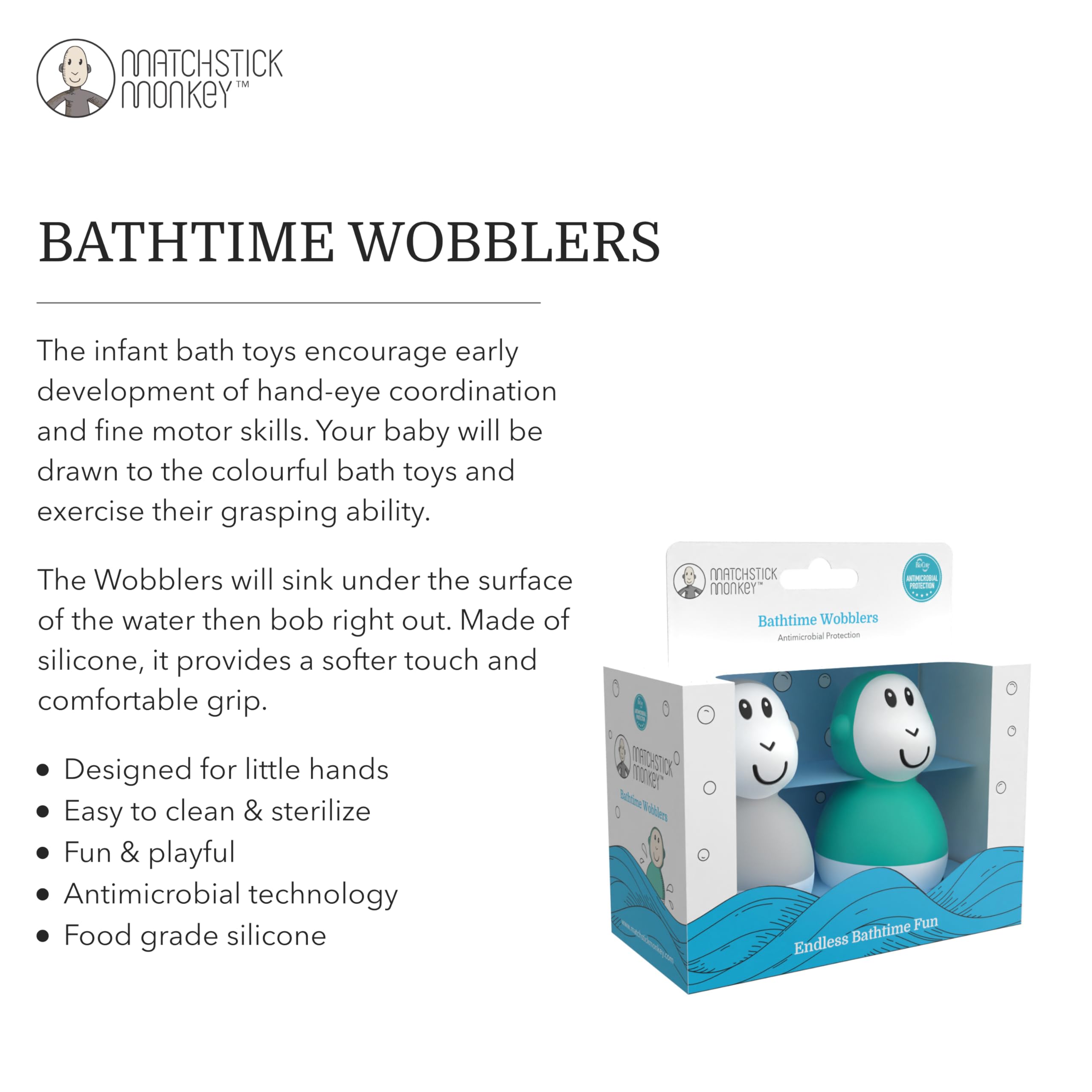 Matchstick Monkey Bathtime Wobblers - Antimicrobial Baby Bath Toy Set for 12+ Months 7