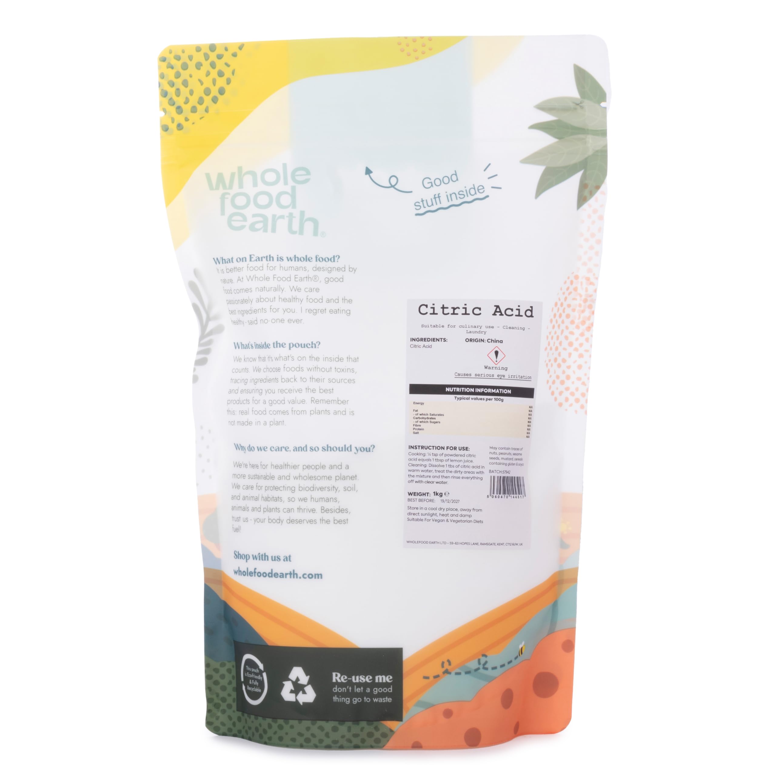Wholefood Earth Food Grade Anhydrous Citric Acid Powder | 1kg