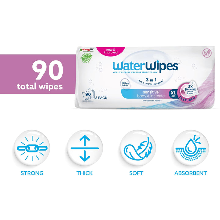 WaterWipes Sensitive+ Body & Intimate Wipes, 90 Wipes (3 Packs) - 3-in-1 Cleansing, Plastic-Free*, Plant-Based Wipes