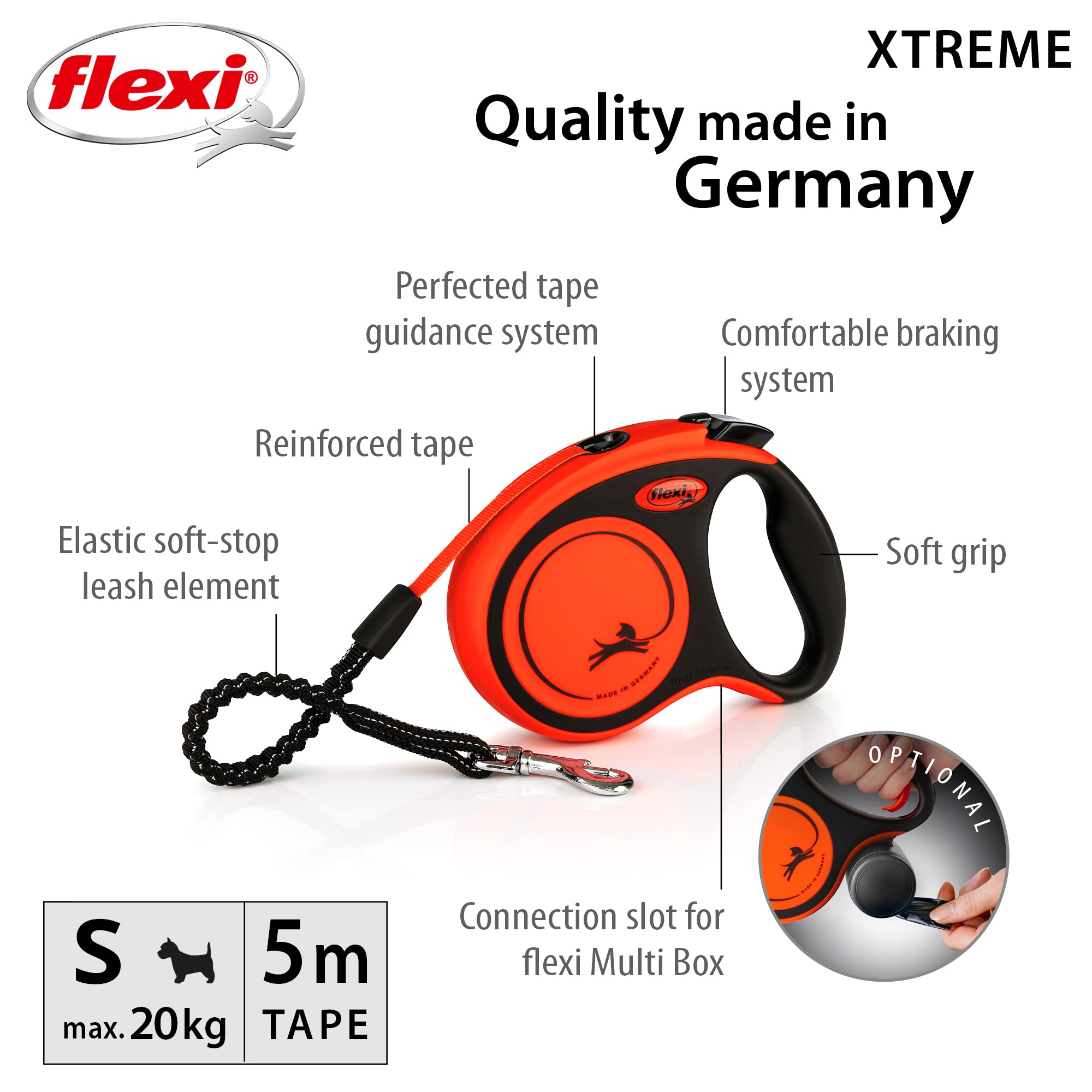 flexi Xtreme S Retractable Dog Lead Tape Orange/Black | 5m Length | Up to 20kg/44lb