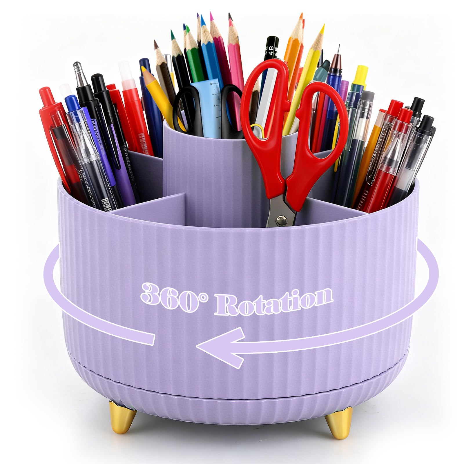 Lychico Desk Organiser - 360° Rotating Pencil Cup with 5 Compartments | Plastic | Purple