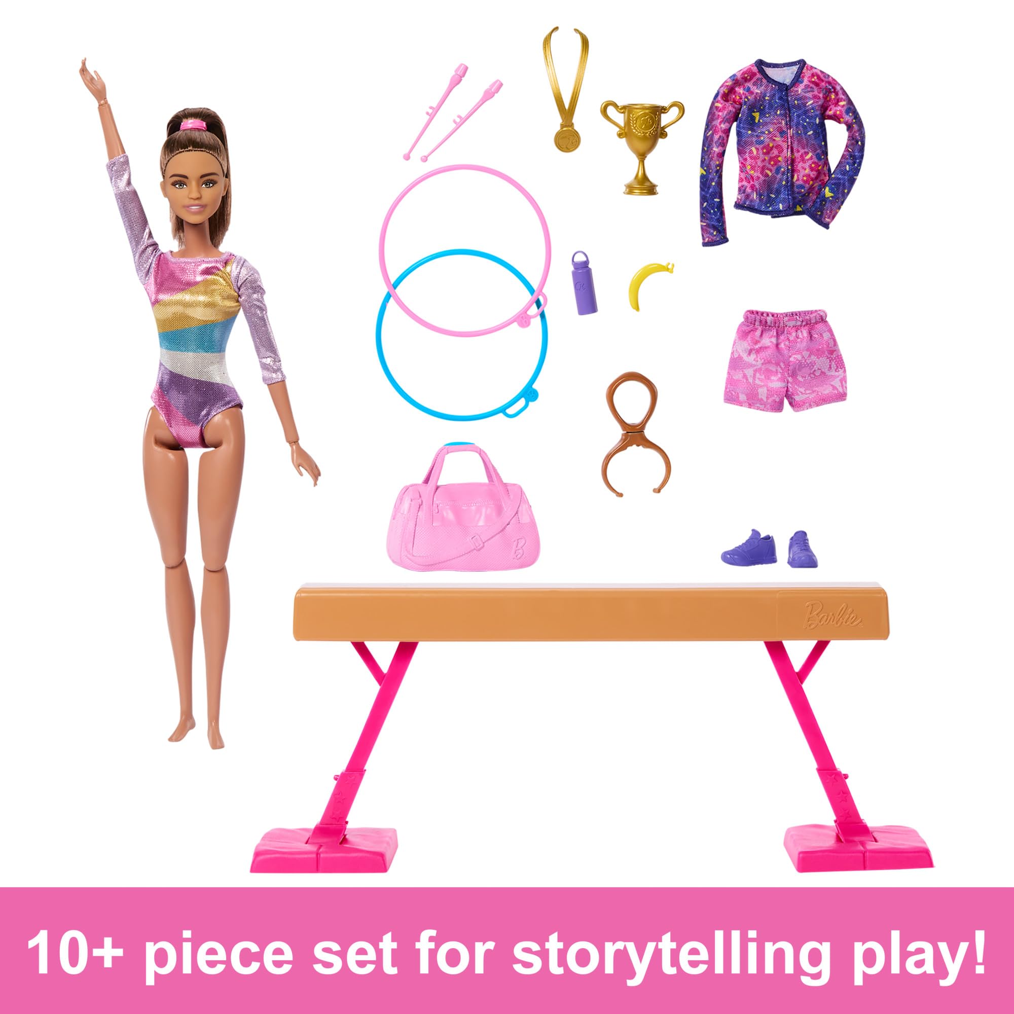 Barbie Gymnastics Doll & Accessories Playset with Brunette Doll | Includes Balance Beam & 10+ Pieces | Ages 3+