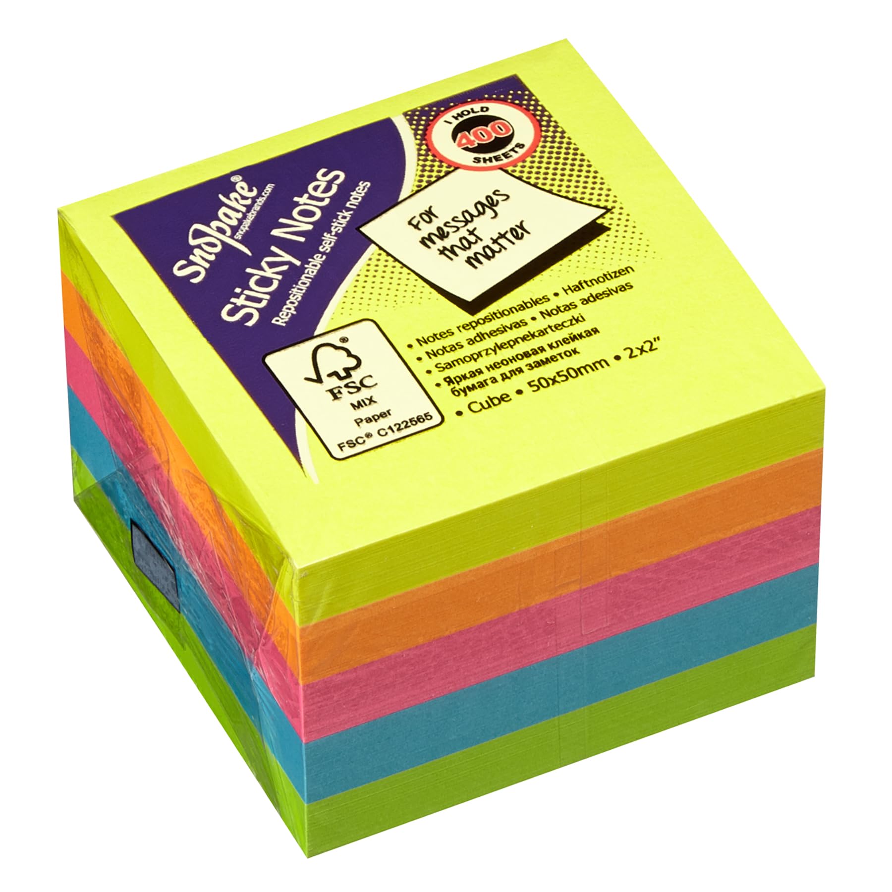 Snopake Neon Assorted Sticky Notes - 50 x 50 mm | 400 Sheets per Pack | FSC Certified 1