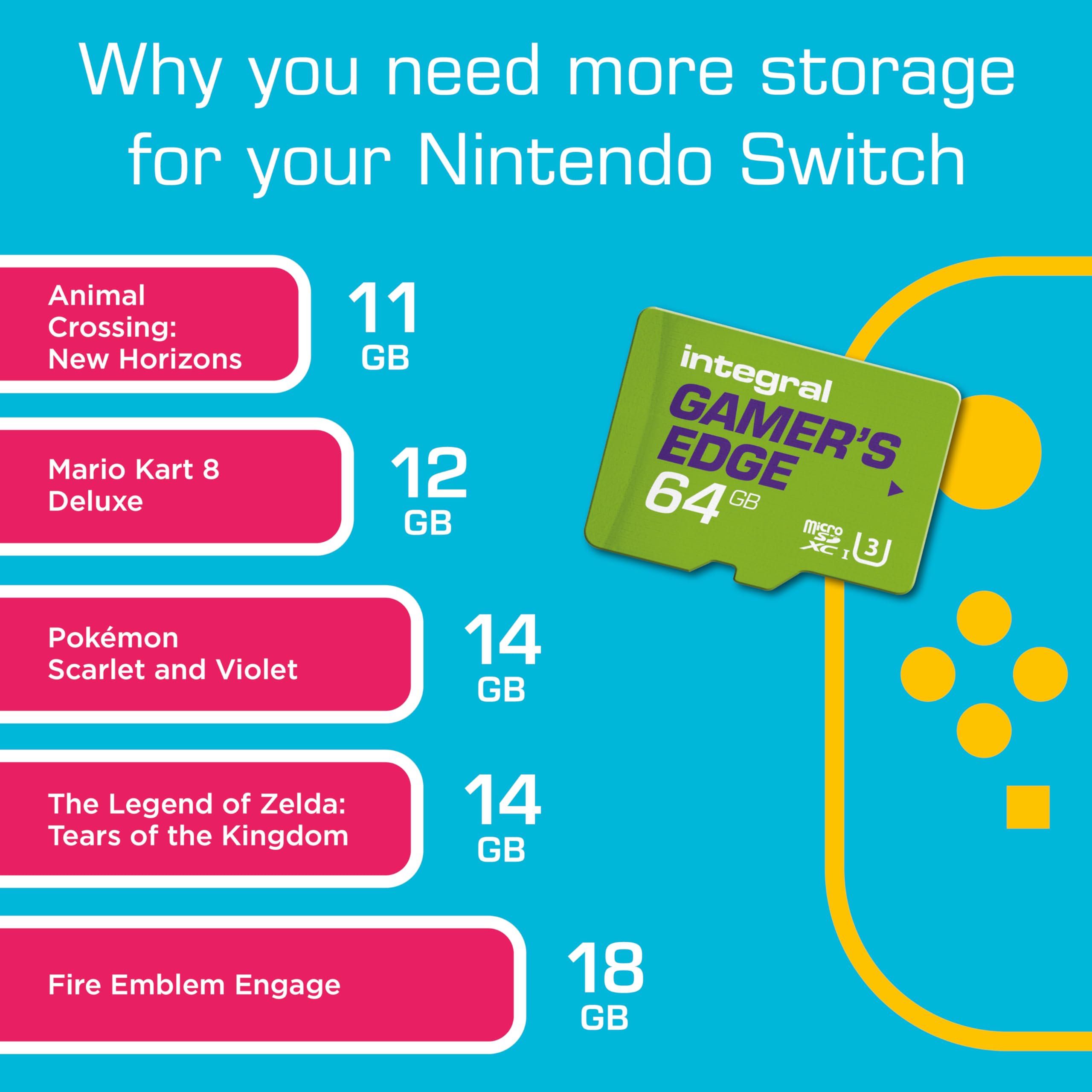 Integral 64GB Gamer's Edge Micro SD Card for Nintendo Switch – Fast Load & Save, U3, 100MB/s Read Speed 7