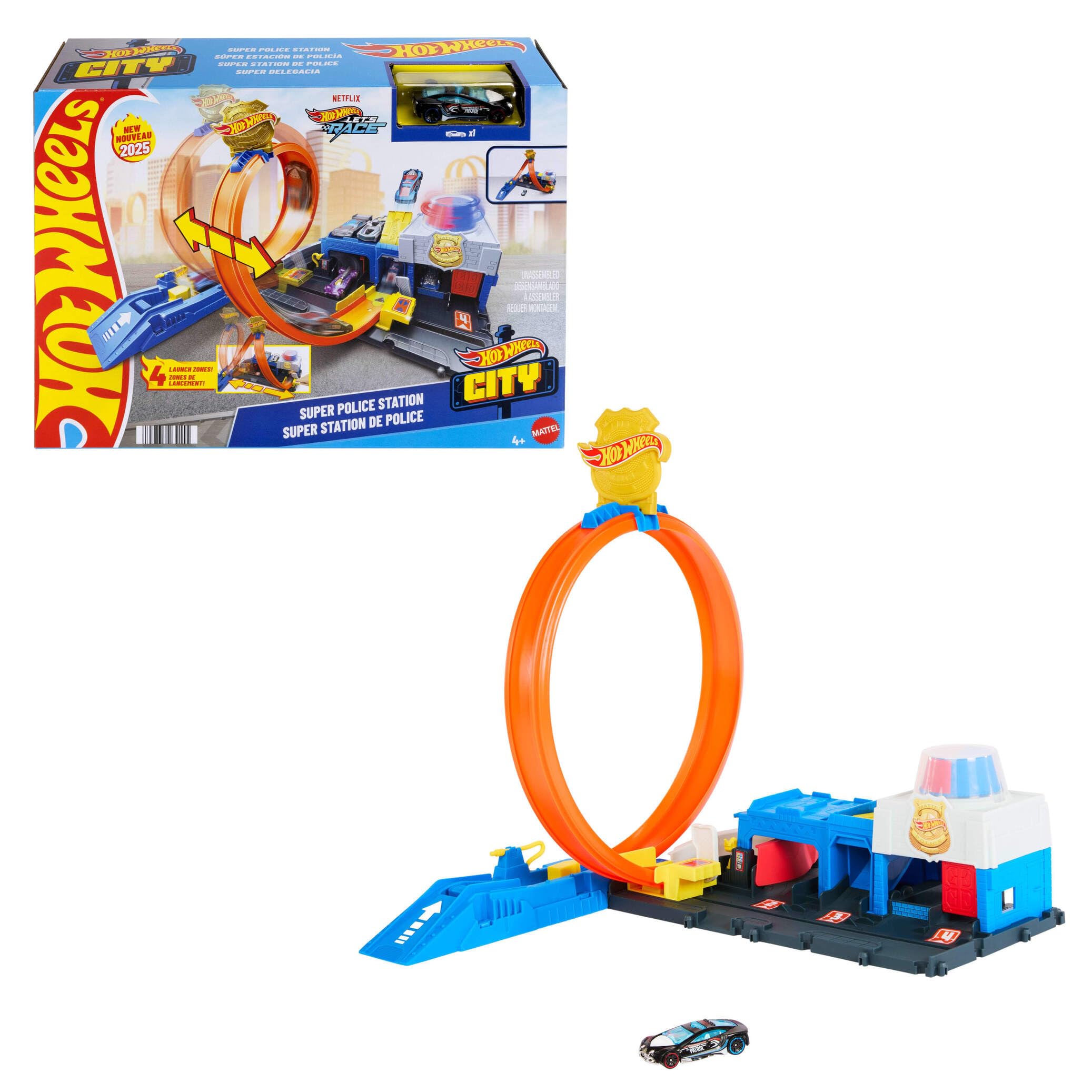 Hot Wheels Super Police Station Playset - Adjustable Loop Track | Includes 1:64 Scale Car | Model JBM71