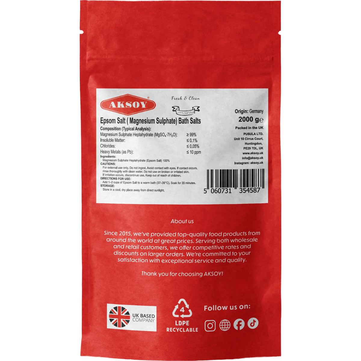 AKSOY Magnesium Sulphate Epsom Bath Salts - 2 kg