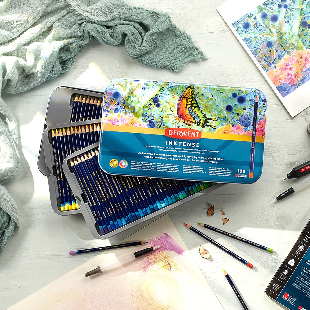 Derwent Inktense Pencils Art Set - 100 Permanent Watercolour Pencils in Tin | 4mm Core 5