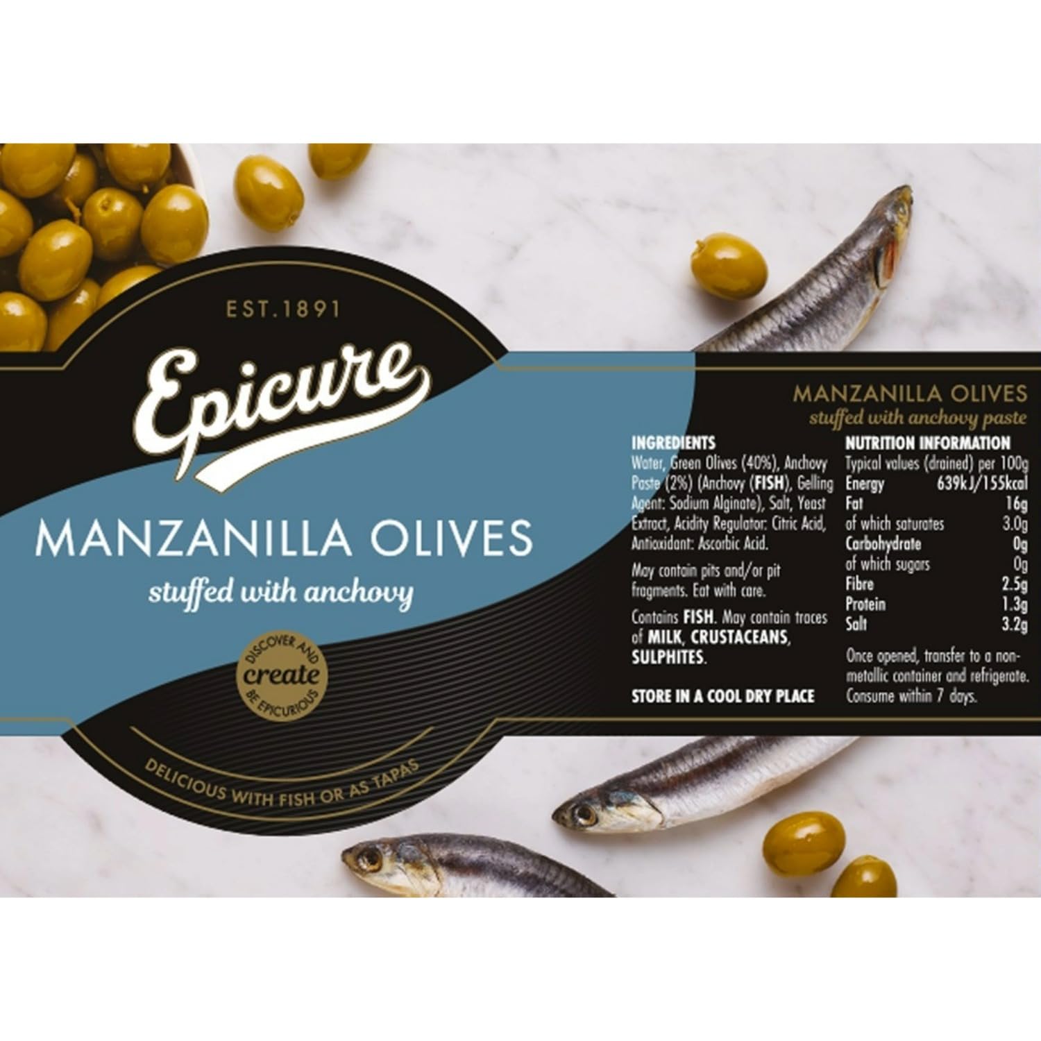 Epicure Manzanilla Olives Stuffed with Anchovy - Pitted, 350g Jar 2