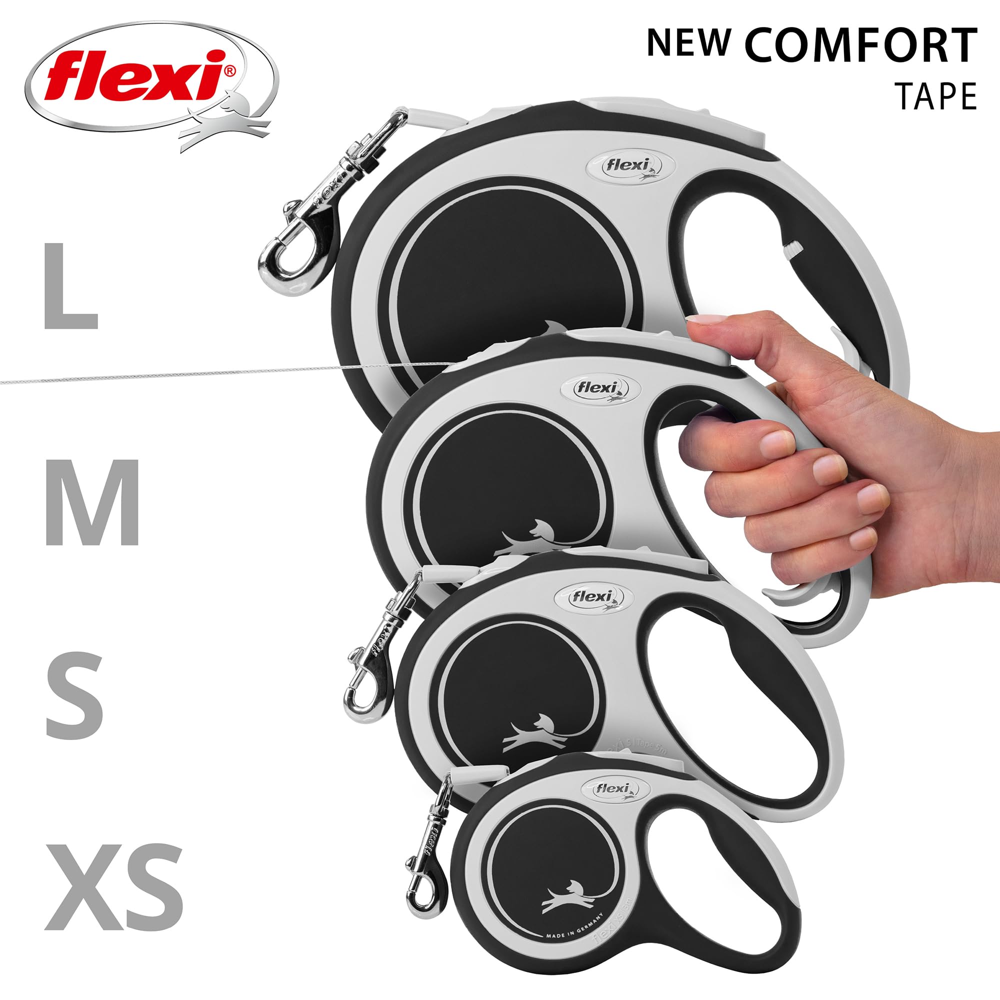 flexi New Comfort S Retractable Dog Leash - 5m Tape | Up to 15kg | Grey & Black 5