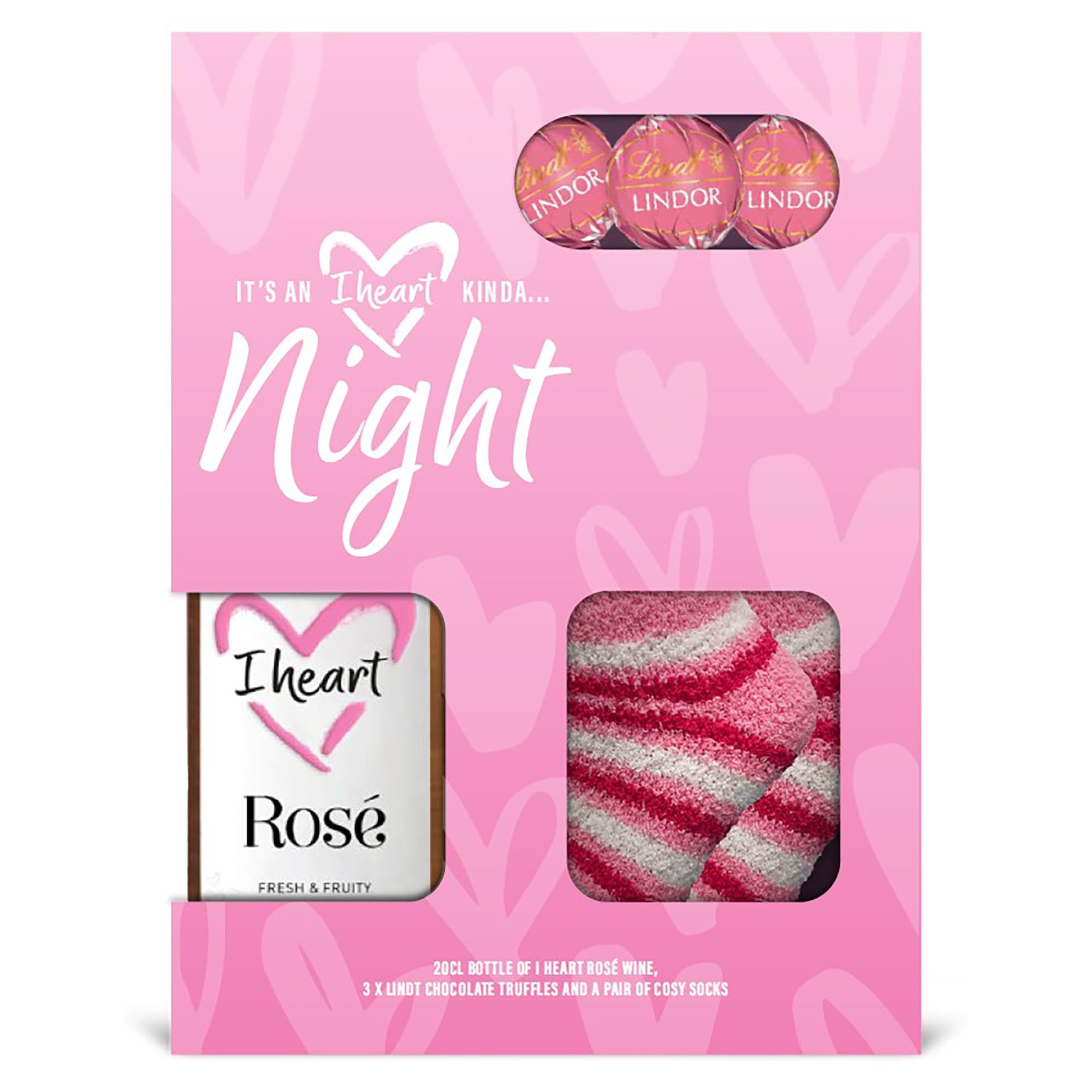 I Heart Rose Wine, Lindt Strawberries & Cream Truffles, and Cozy Stripe Socks Gift Set