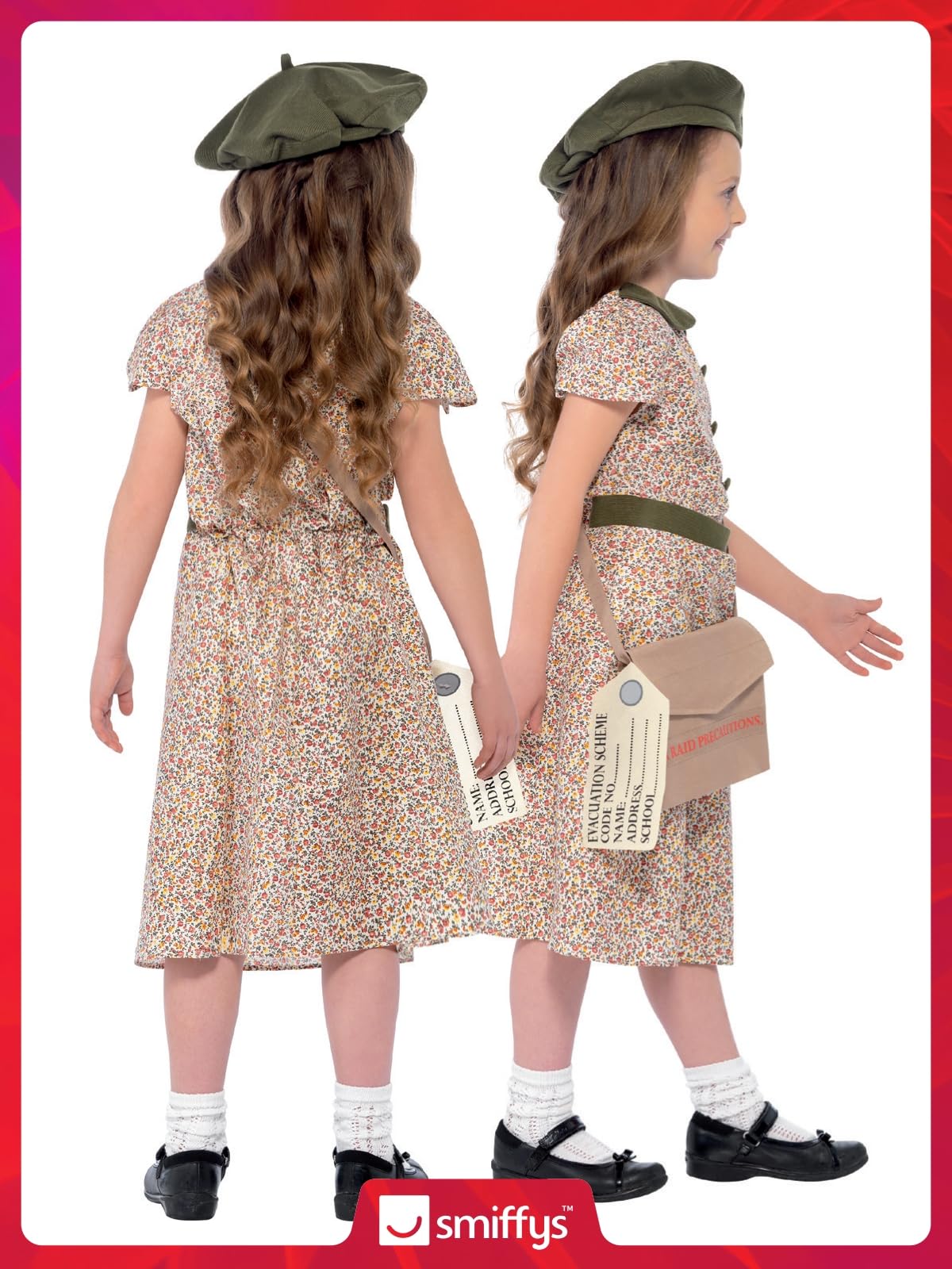 Smiffys Evacuee Girl Costume - 1940s Patterned Dress with Satchel, ID Tag & Beret, Ages 10-12 6