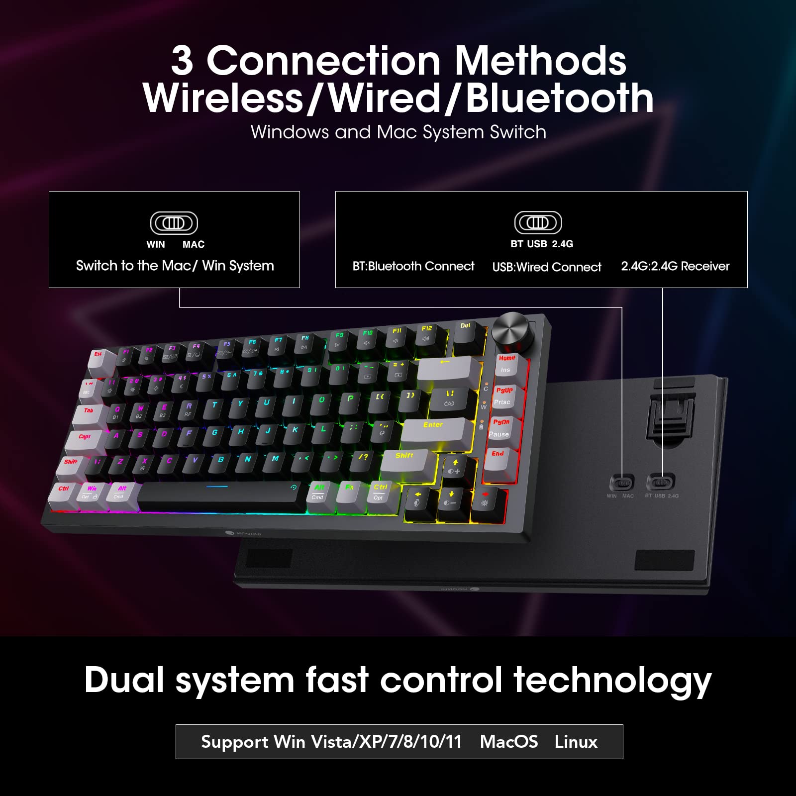 KOORUI MK082 82-Key Mechanical Gaming Keyboard - RGB Backlit, Wireless/Wired, 3-Mode Connectivity 6