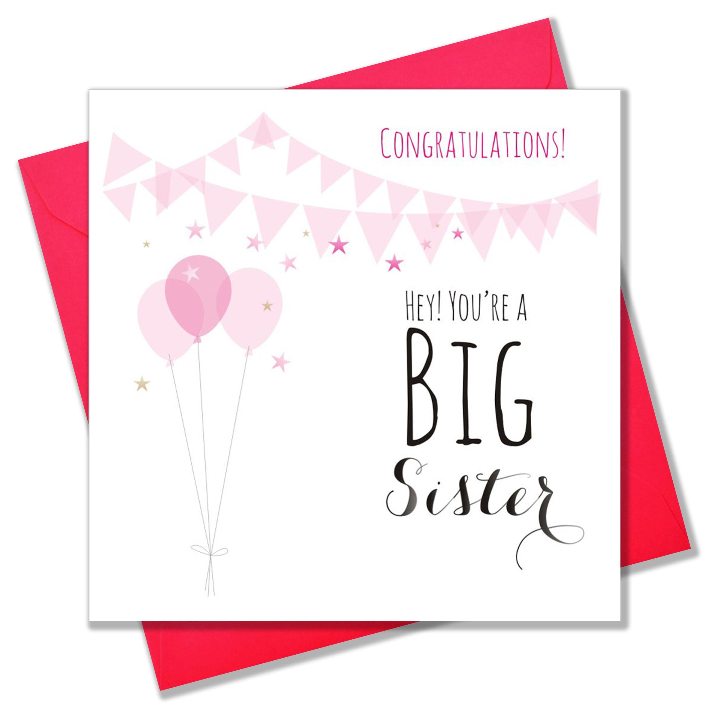 Claire Giles Greeting Cards Hey! You're a Big Sister Baby Announcement Card | 150x150mm Pink
