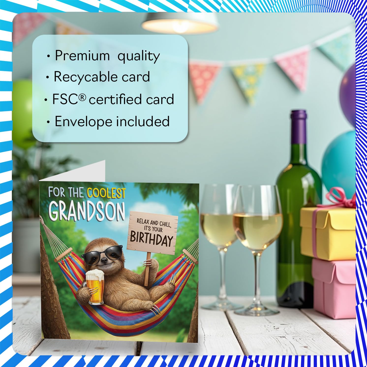Stuff4 Grandson Birthday Card - Chilled Out Sloth Design | 145mm x 145mm 3
