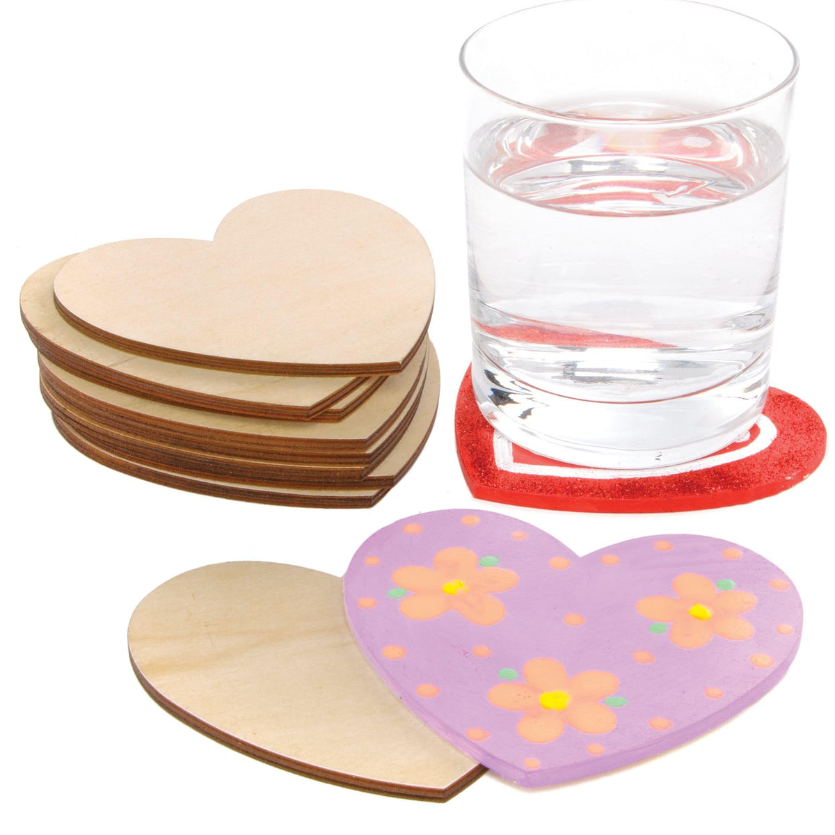 Baker Ross Heart Wooden Coasters - Pack of 10, 10.5 cm