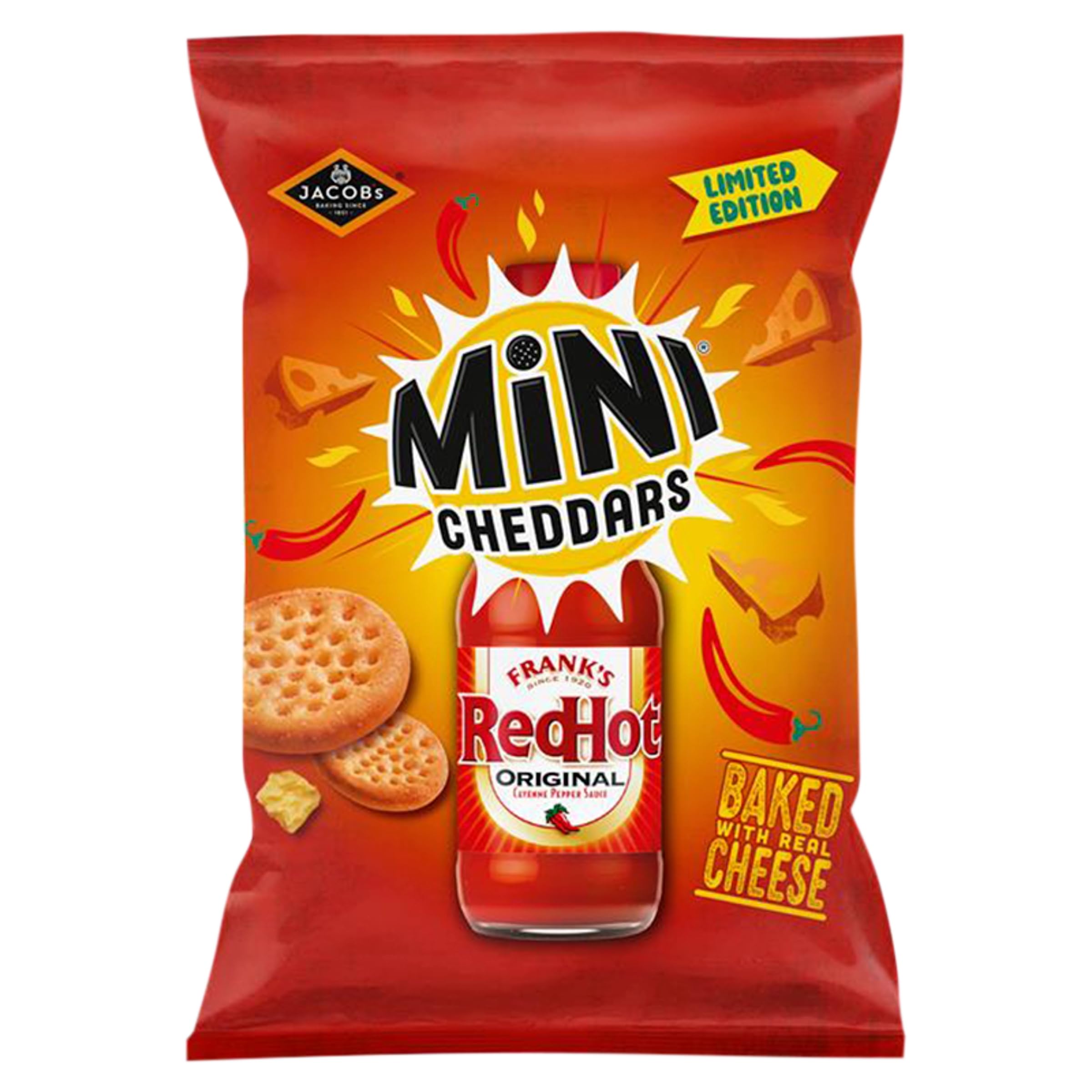 JACOB'S Mini Cheddars Franks Red Hot Original Baked Snacks Share Bag | 150g | 10 Pack