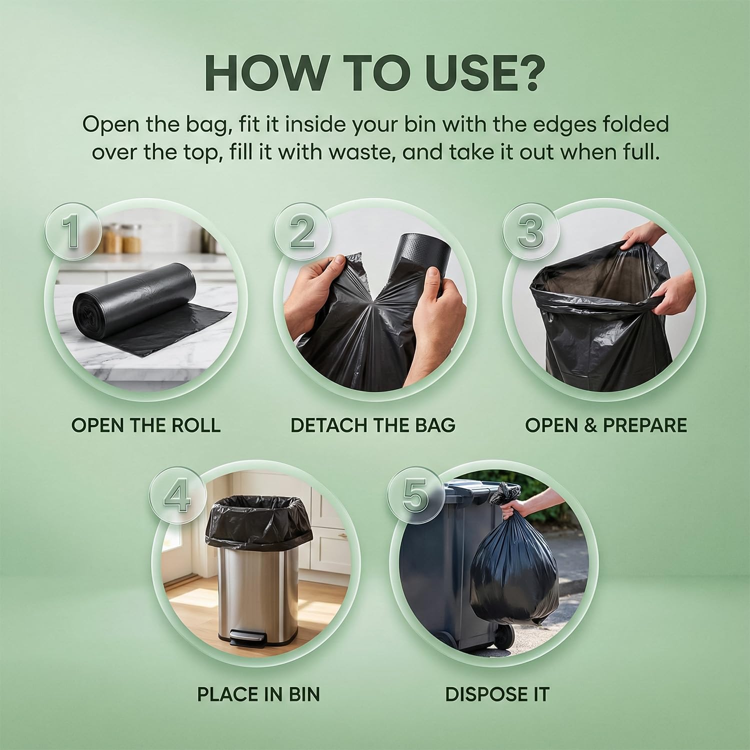 Roe Tenpo Heavy Duty Black Bin Bags - 100L Capacity, 50 Count | 33 μm Thick, Recyclable 9