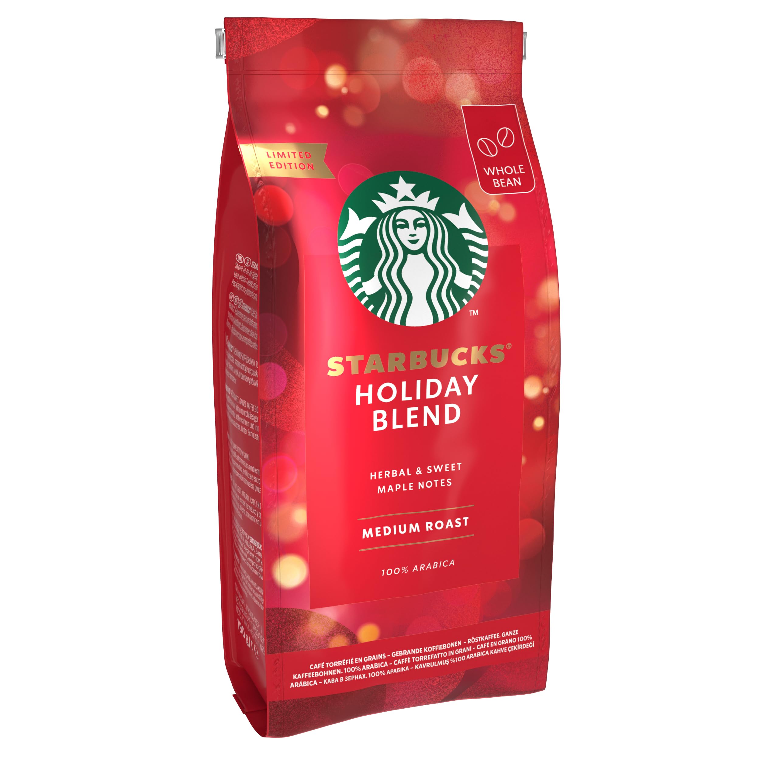 STARBUCKS Holiday Blend Medium Roast Whole Bean Coffee 190g (Pack of 6) 6