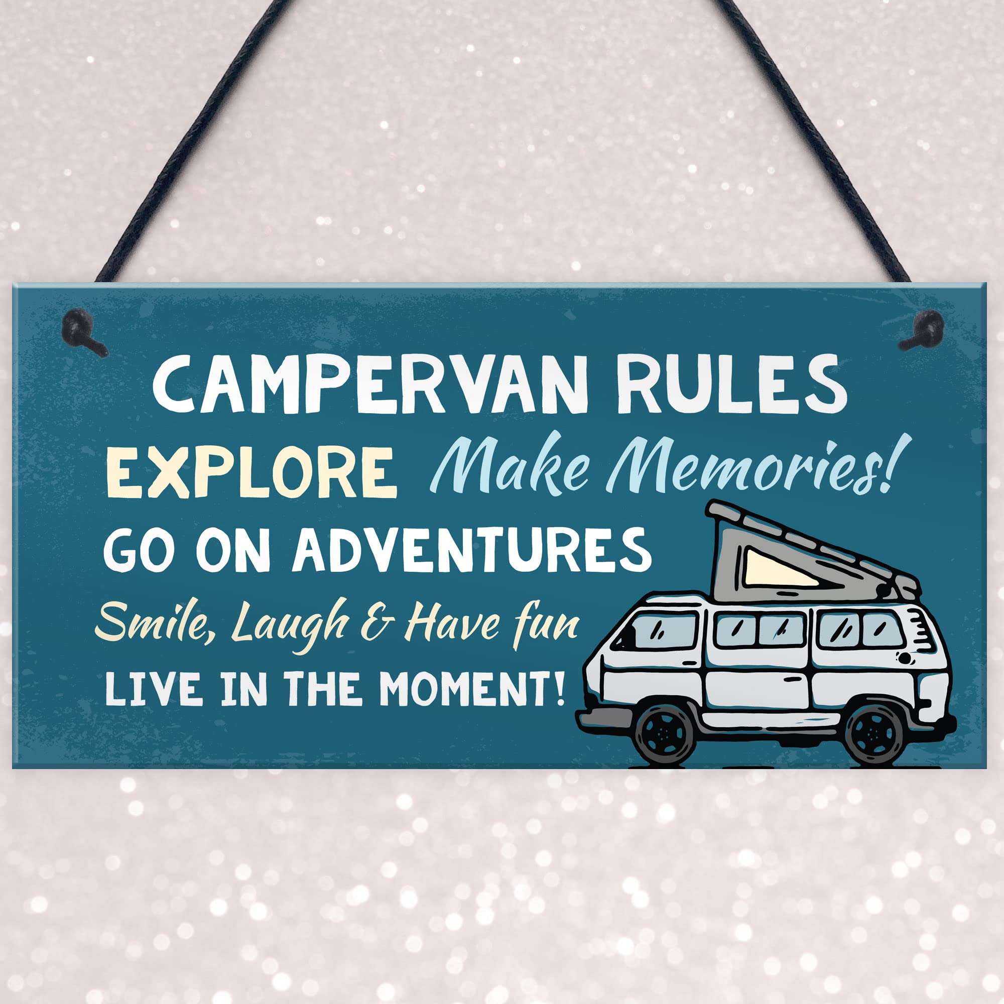RED OCEAN Campervan Rules Hanging Door Plaque | Blue PVC | 200x100mm | Handmade in England 3