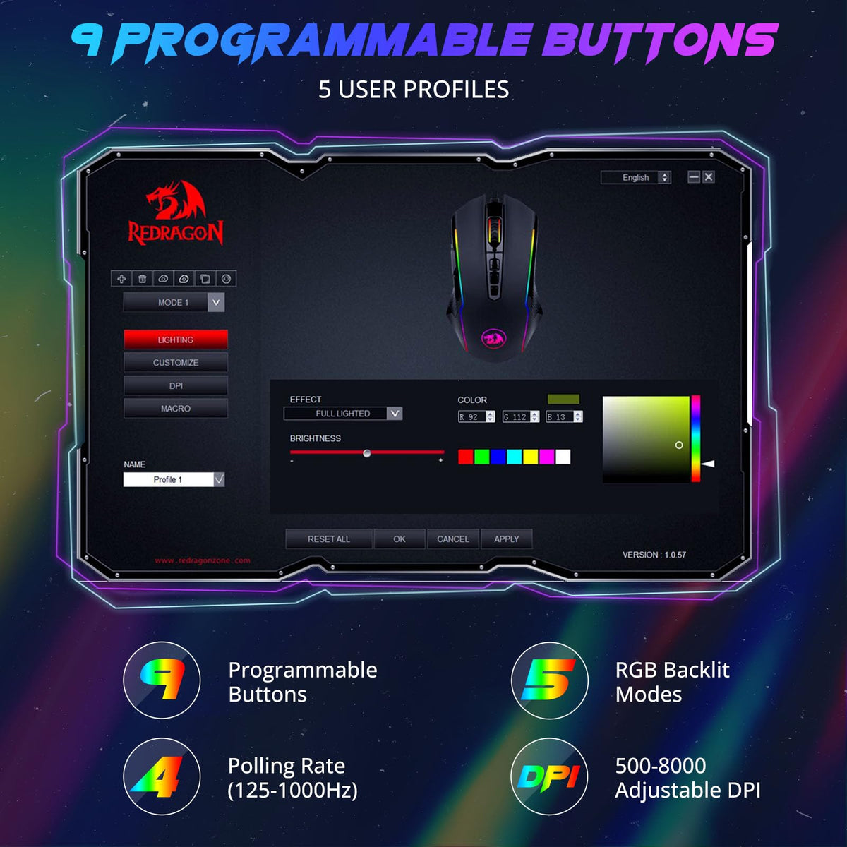 Redragon M910-K RGB Gaming Mouse - 9 Programmable Buttons, 8000 DPI