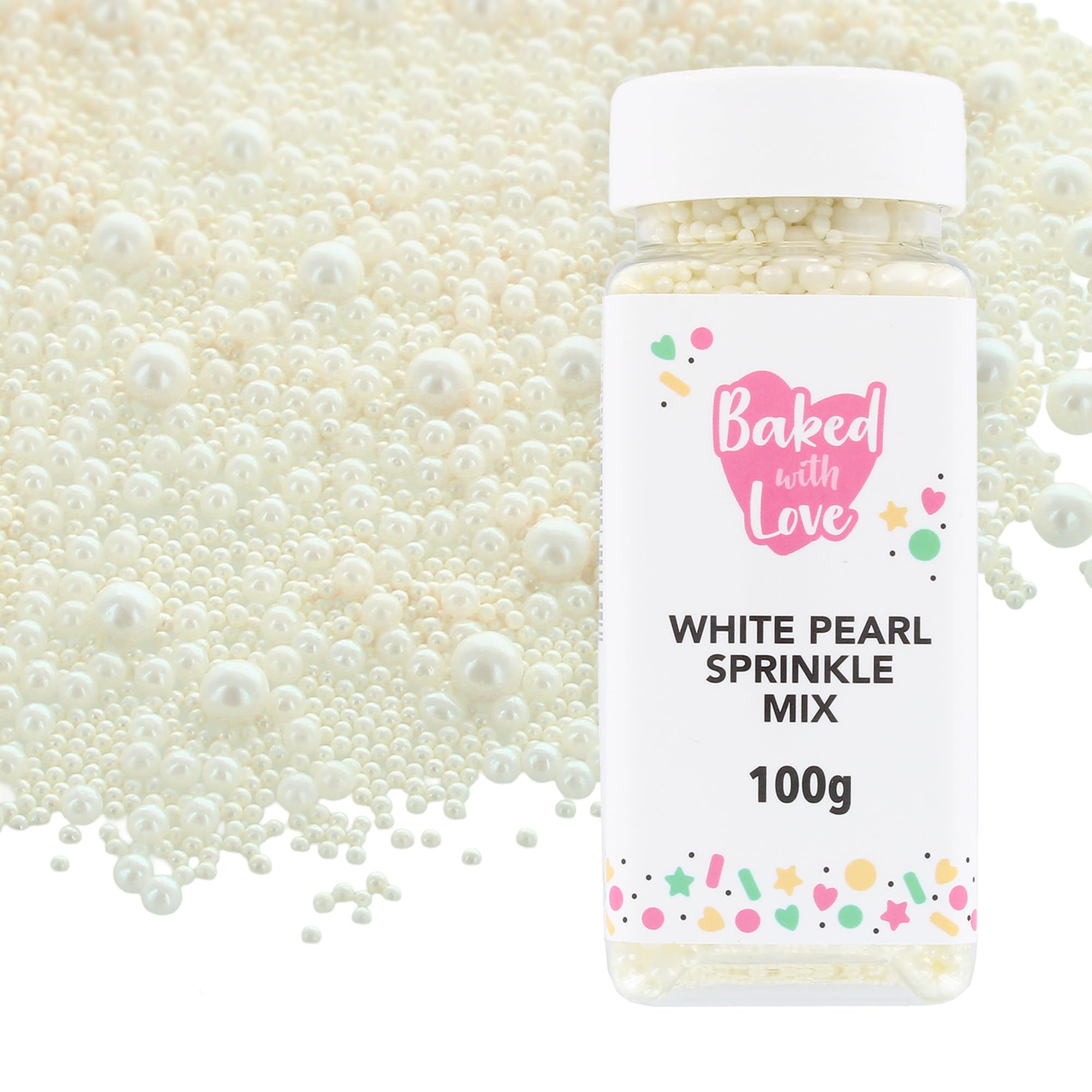 Baked with Love White Pearl Sprinkles - Mother of Pearl Sugar Balls | 100g Resealable Bottle