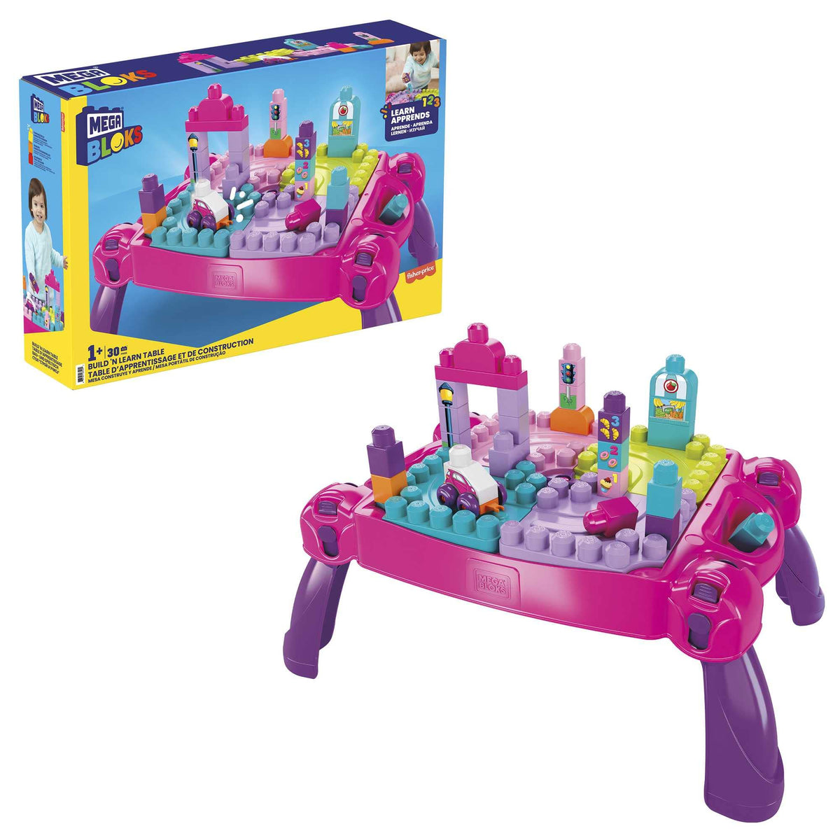 MEGA BLOKS Fisher-Price Toddler Building Blocks Activity Table - Pink, Ages 1+