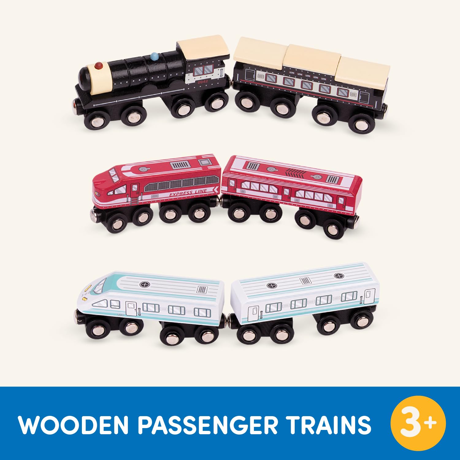 Battat Classic Magnetic Wooden Trains Set - 6 Pieces Railroad Collection | Ages 3+ 5