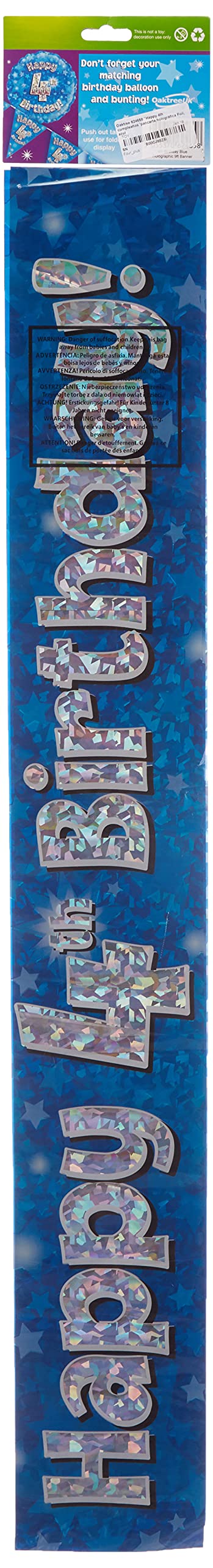 OakTree Happy 4th Birthday Banner - 9 ft Blue Holographic