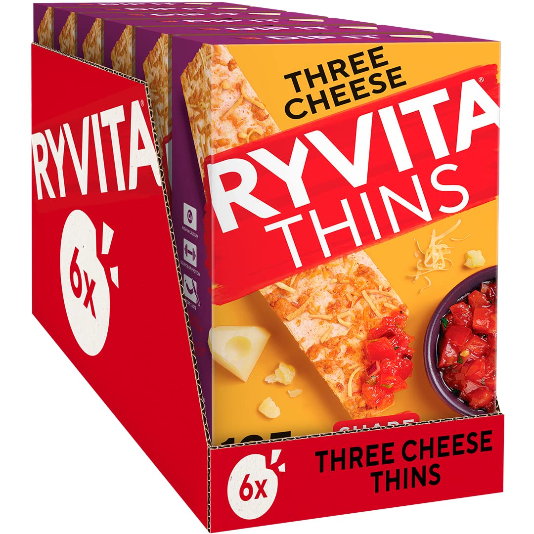 Ryvita Three Cheese Thins - Crispy Flatbreads for Dipping, Snacking & Sharing | High Fibre Snack | 6 x 125g Packs 1
