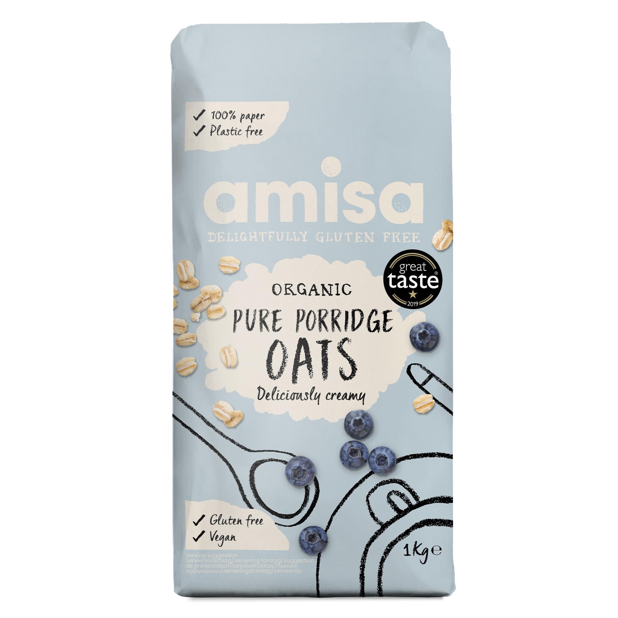 Amisa Organic Gluten-Free Porridge Oats - 1kg Pack | High Fibre Wholegrain Flakes 1