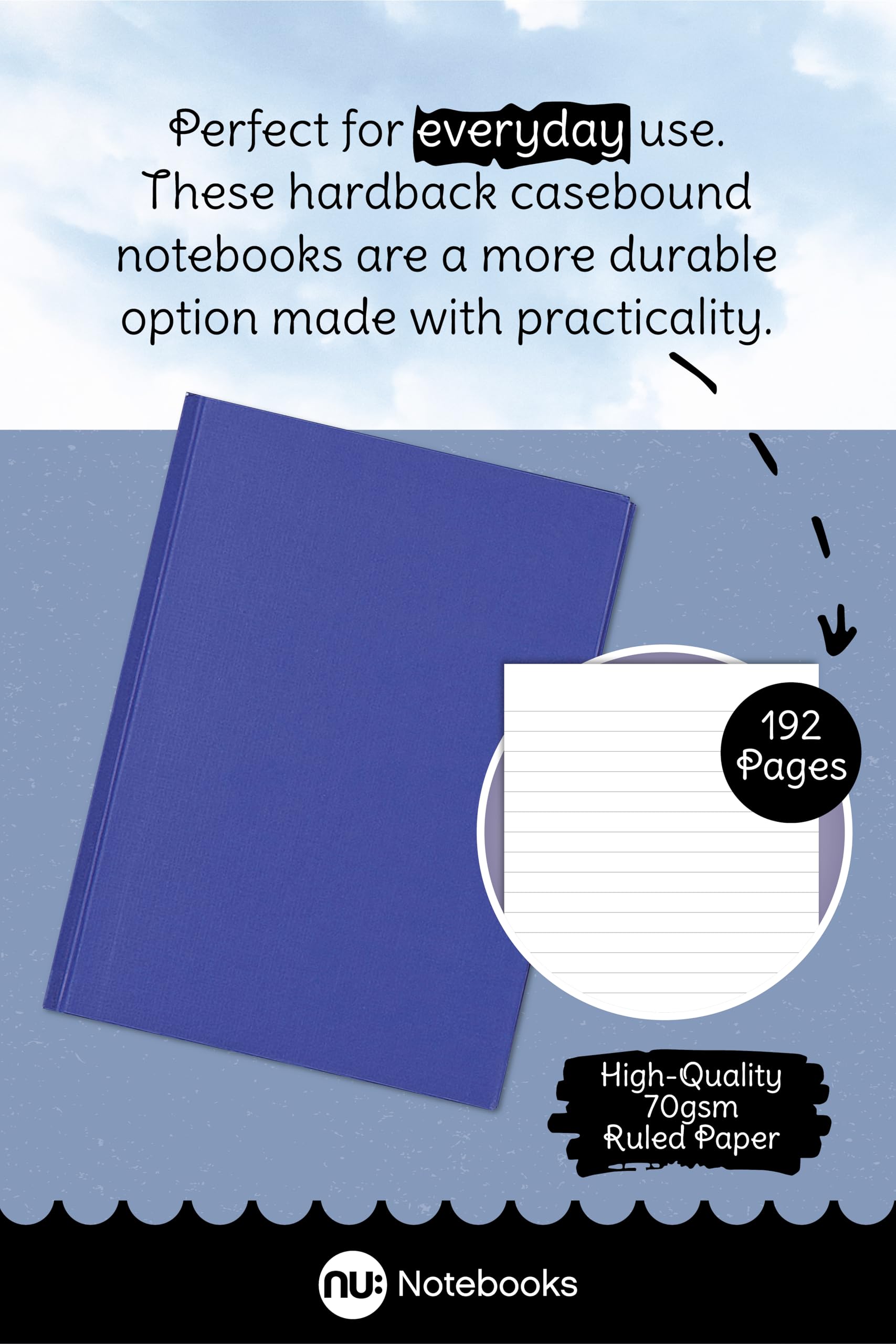 nu: A4 Casebound Manuscript Book | 192 Pages, 70gsm White Paper, College Ruled | 3-Pack Blue