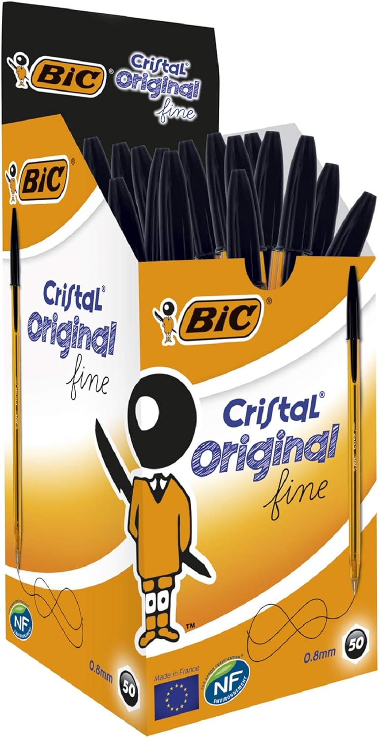 BIC Cristal Original Ballpoint Pens, Every-Day Biro Pens with Fine Point (0.8 mm), Black Ink, Pack of 50