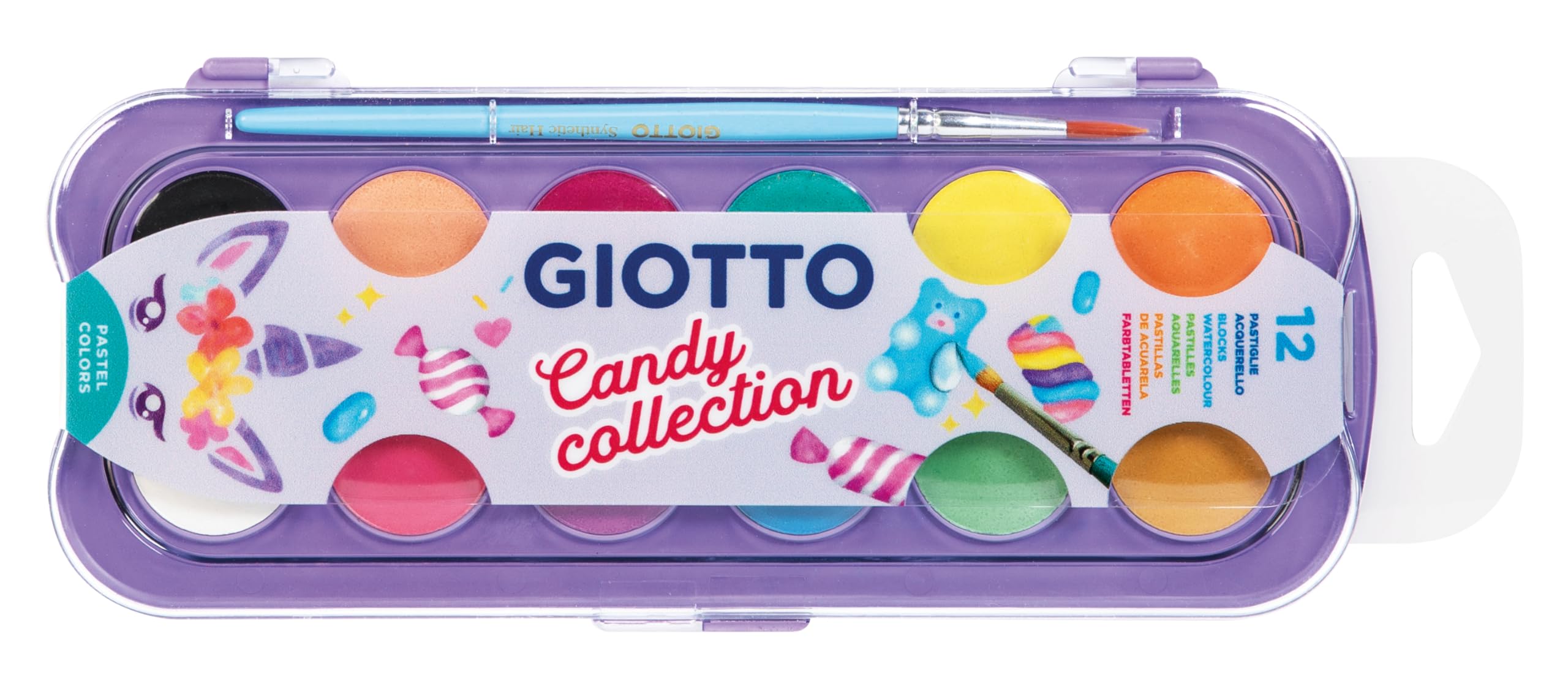 GIOTTO Candy Collection Watercolour Paint Set - 12 Intense Colours | Includes Brush | Pastel Palette 1