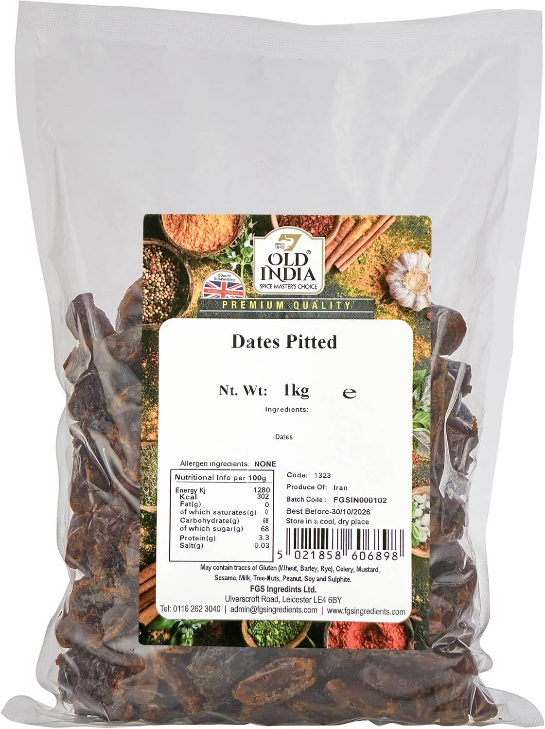 Old India Pitted Dates - 1kg Natural Whole Dried Fruit | 2 Year Shelf Life