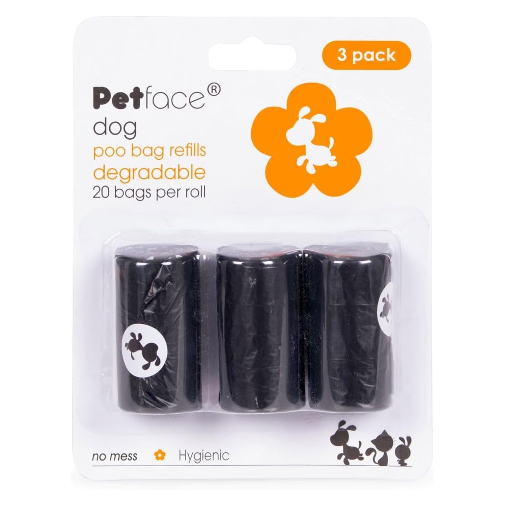 Petface Dog Poop Bag Refills - 60 Degradable Bags Total (3 x 20 Count) | Unscented Plastic
