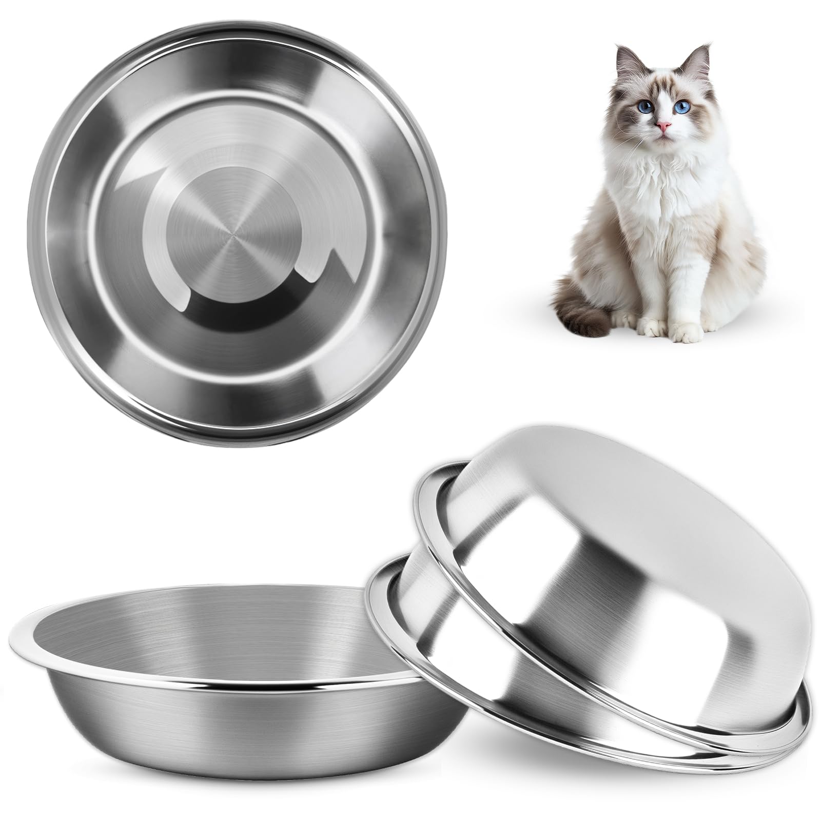 MOXYOY Stainless Steel Cat Food Bowls - 3 Pcs Set, 5.5in Diameter, Shallow Whisker-Friendly Design