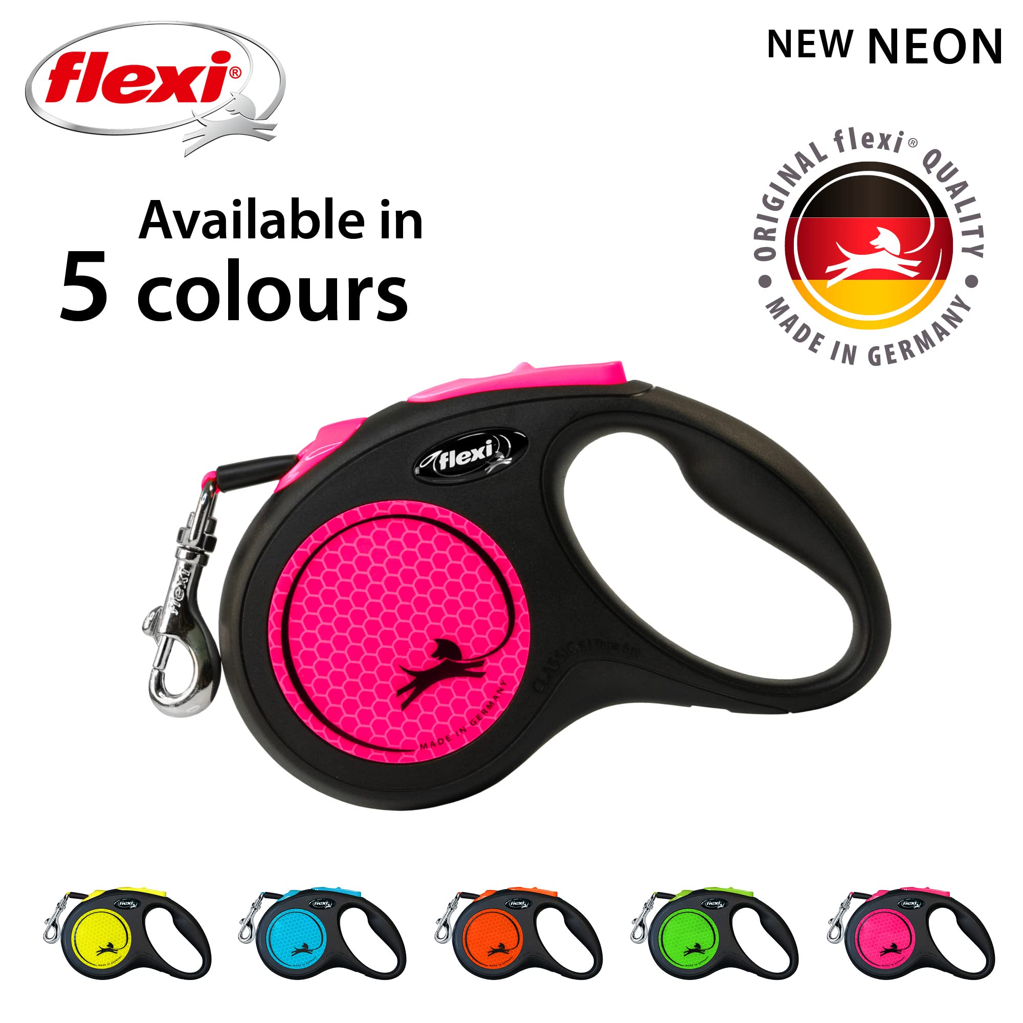 flexi Neon Tape Retractable Dog Lead - 5m Length | Max 15kg | Neon Pink 6