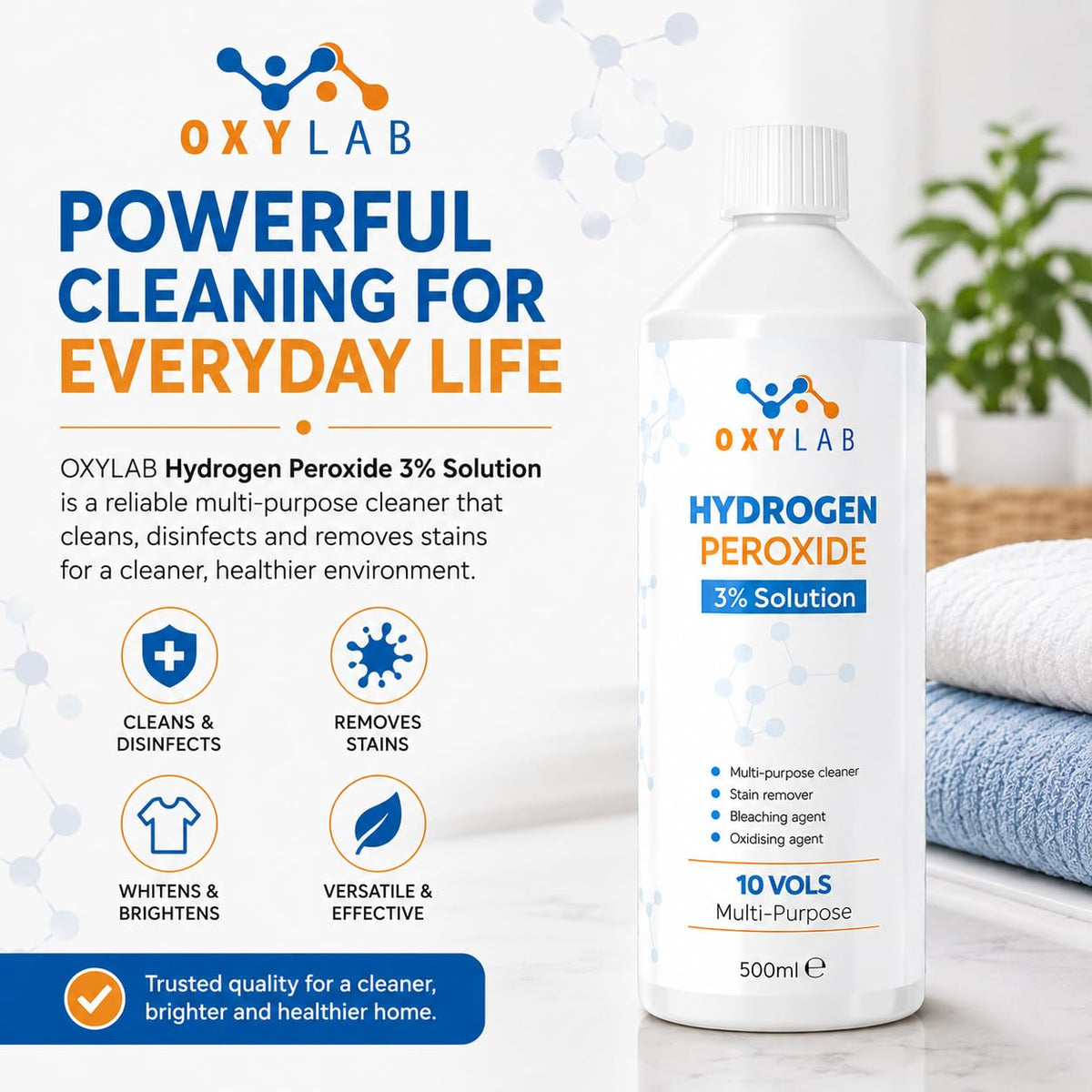 OxyLAB Hydrogen Peroxide 3% Solution - Multi-Purpose Cleaner & Stain Remover | 500ml | Made in UK 7