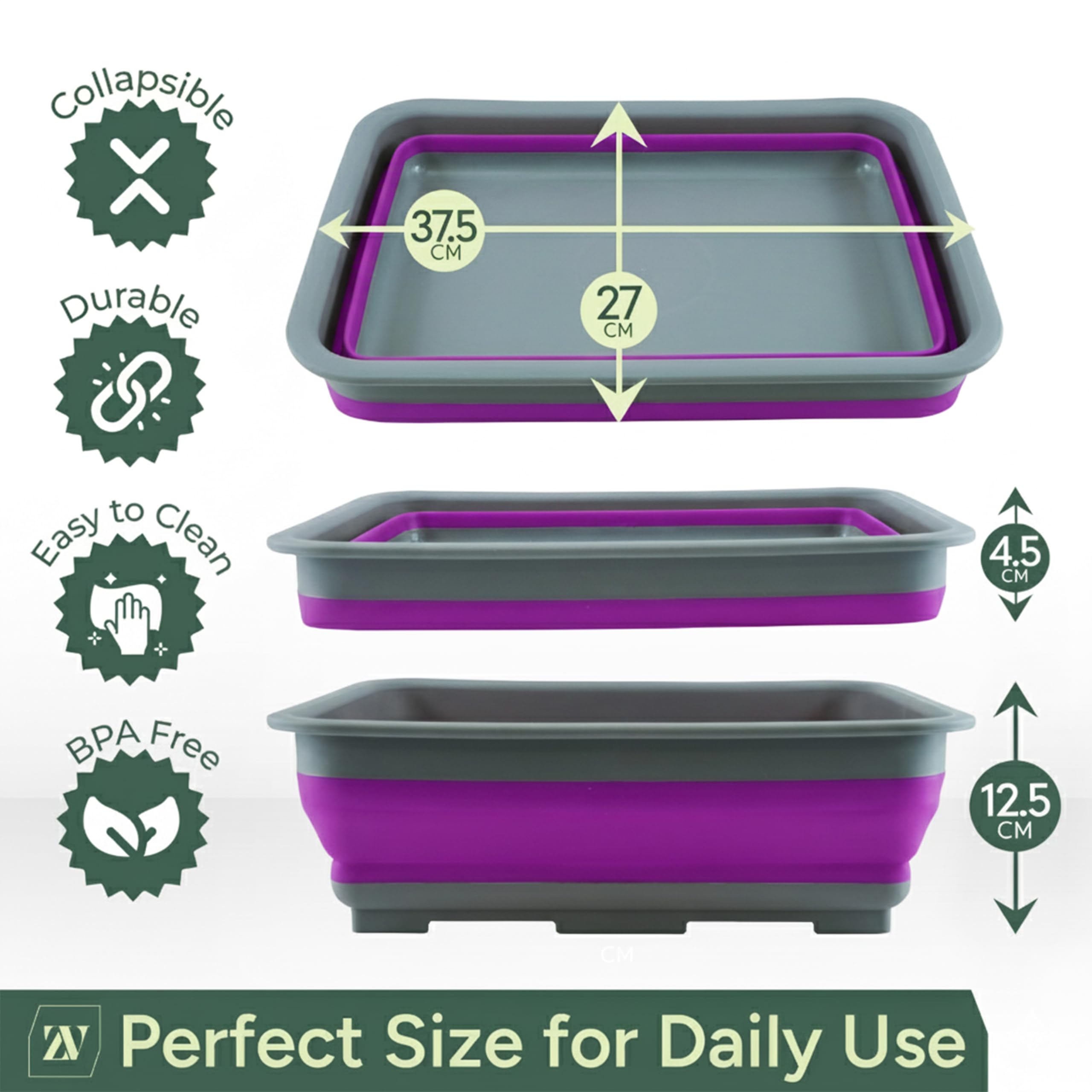 Zuvo Collapsible Washing Up Bowl - 10L Capacity | Folds to 5cm | Purple & Grey 2