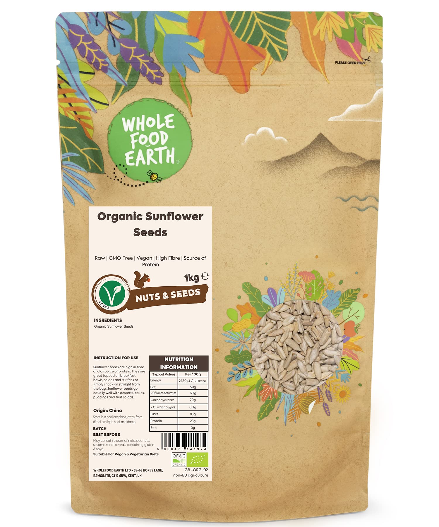 Wholefood Earth Organic Sunflower Seeds - Raw | 1kg Pack | Vegan | GMO Free