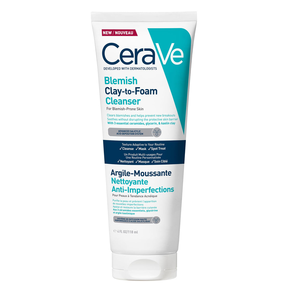 CeraVe Blemish Clay-to-Foam Cleanser - 2% Salicylic Acid, 3-in-1 Formula, 118 ml