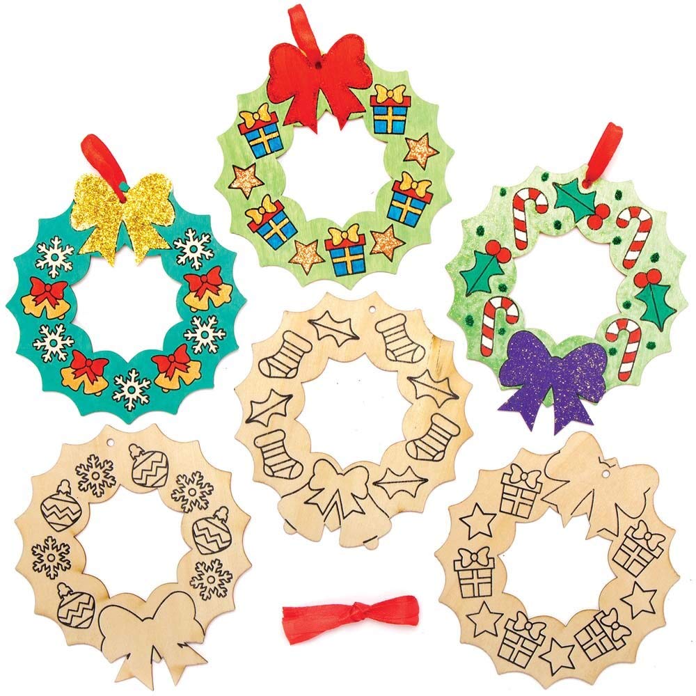 Baker Ross Christmas Wreath Wooden Decorations - Pack of 10, Kids Christmas Craft Kit 1