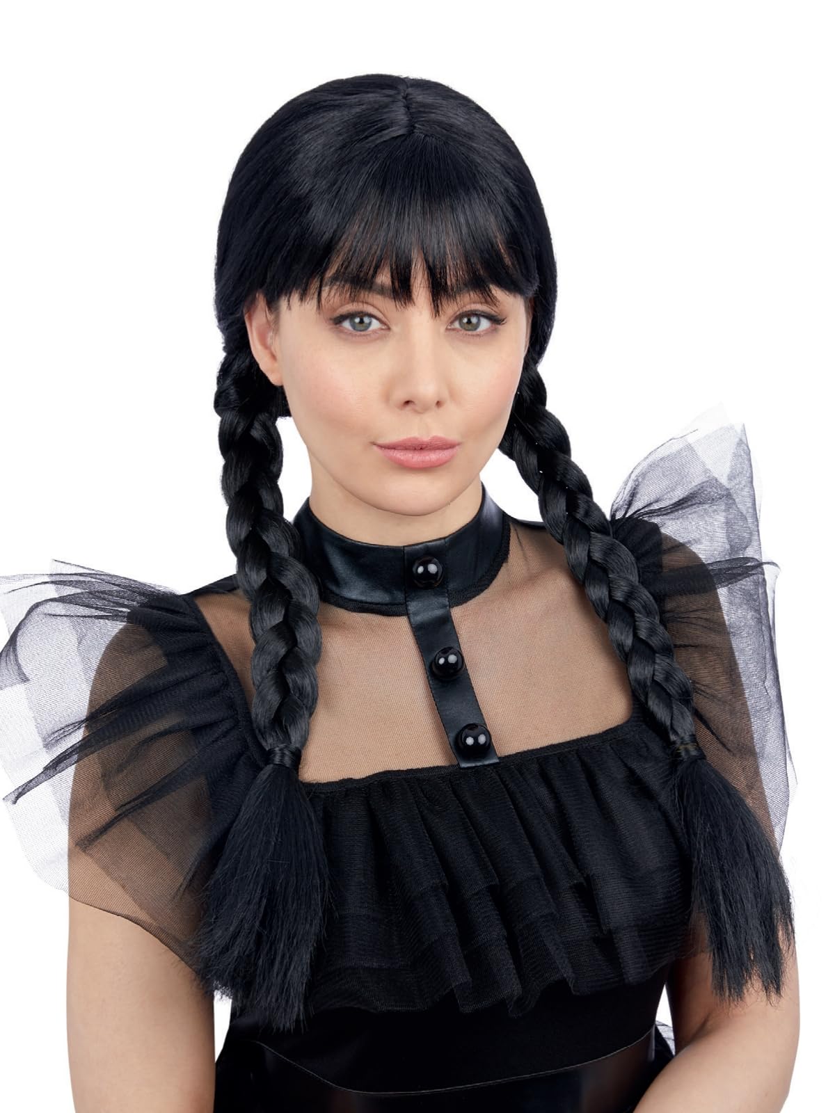 Smiffys Gothic School Girl Wig with Plaits & Fringe - Adult Fancy Dress Accessory