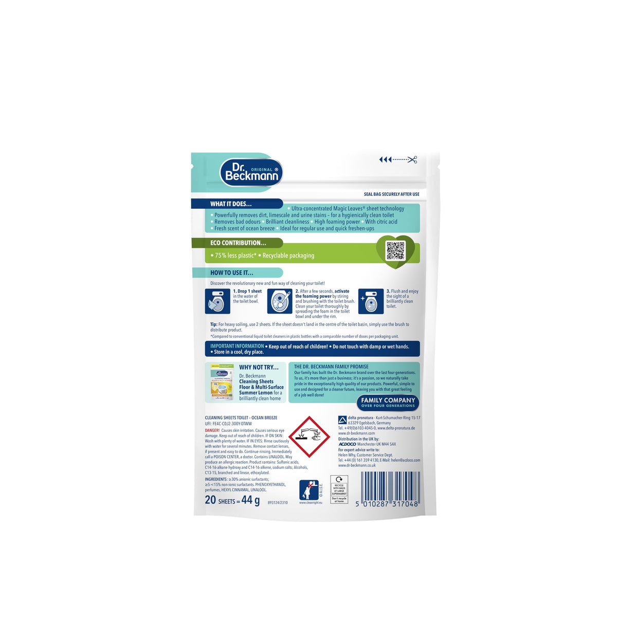 Dr. Beckmann Toilet Cleaning Sheets - Powerful Dirt & Limescale Removal | Ocean Breeze Scent | 20 Count