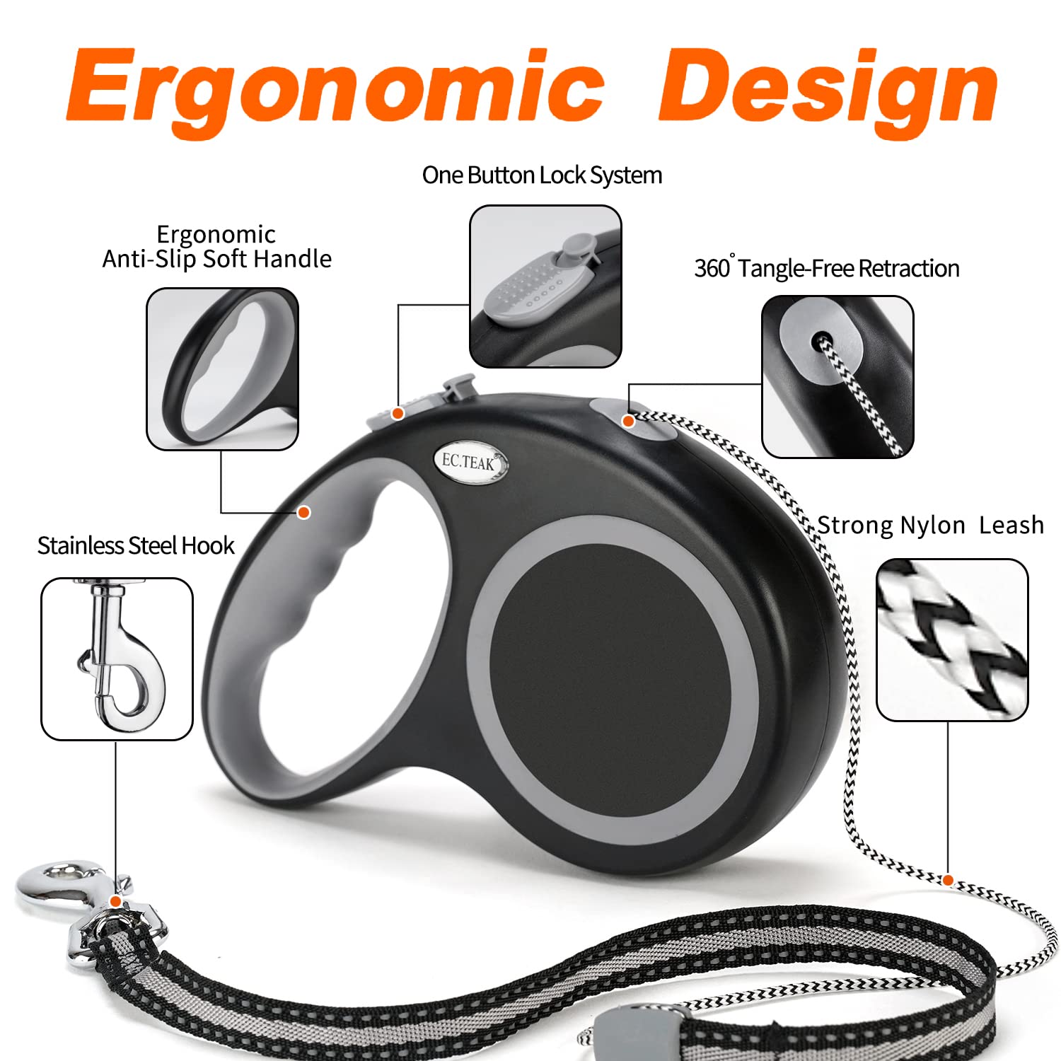 EC.TEAK Retractable Dog Leash - 30 FT for Medium/Large Dogs (Up to 110 lbs) | Black Nylon