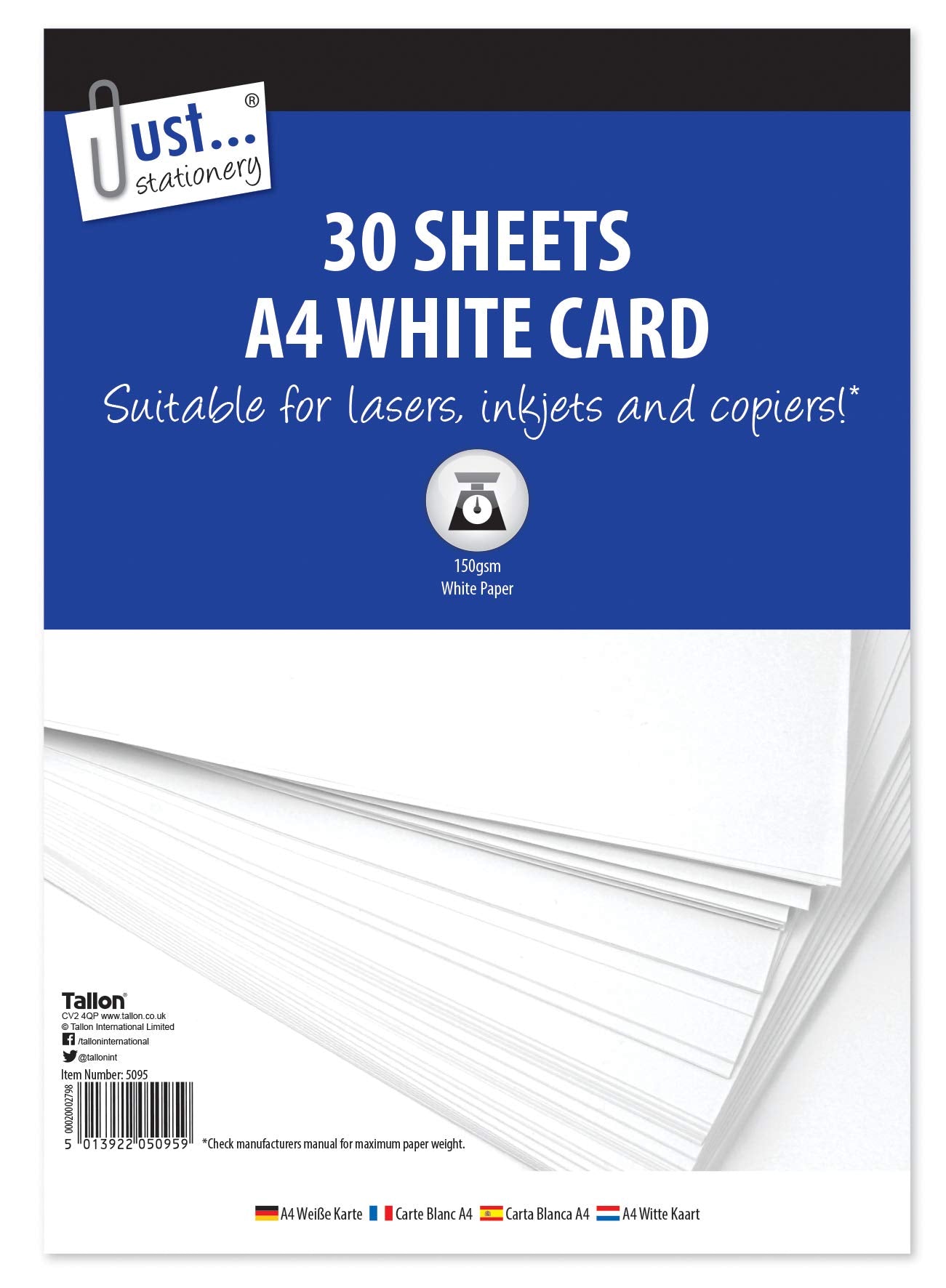 Just stationery 5095 A4 White Card - 30 Sheets | 150gsm