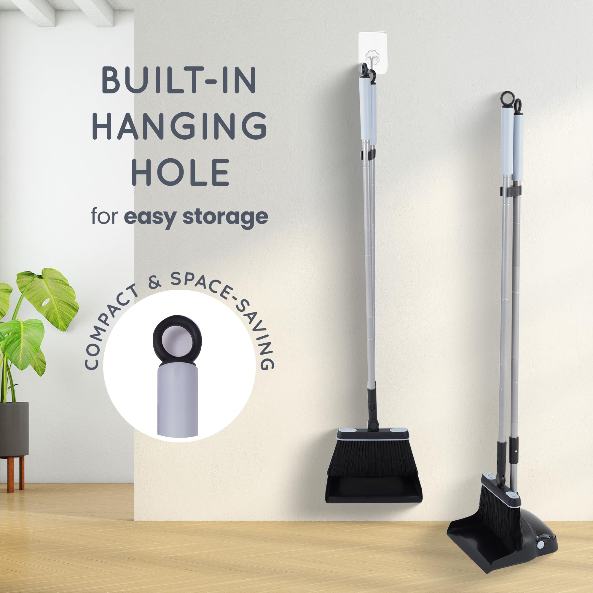 CUQOO Dustpan and Brush Set - Long Handled Upright Standing | Nylon Bristles | Black 9