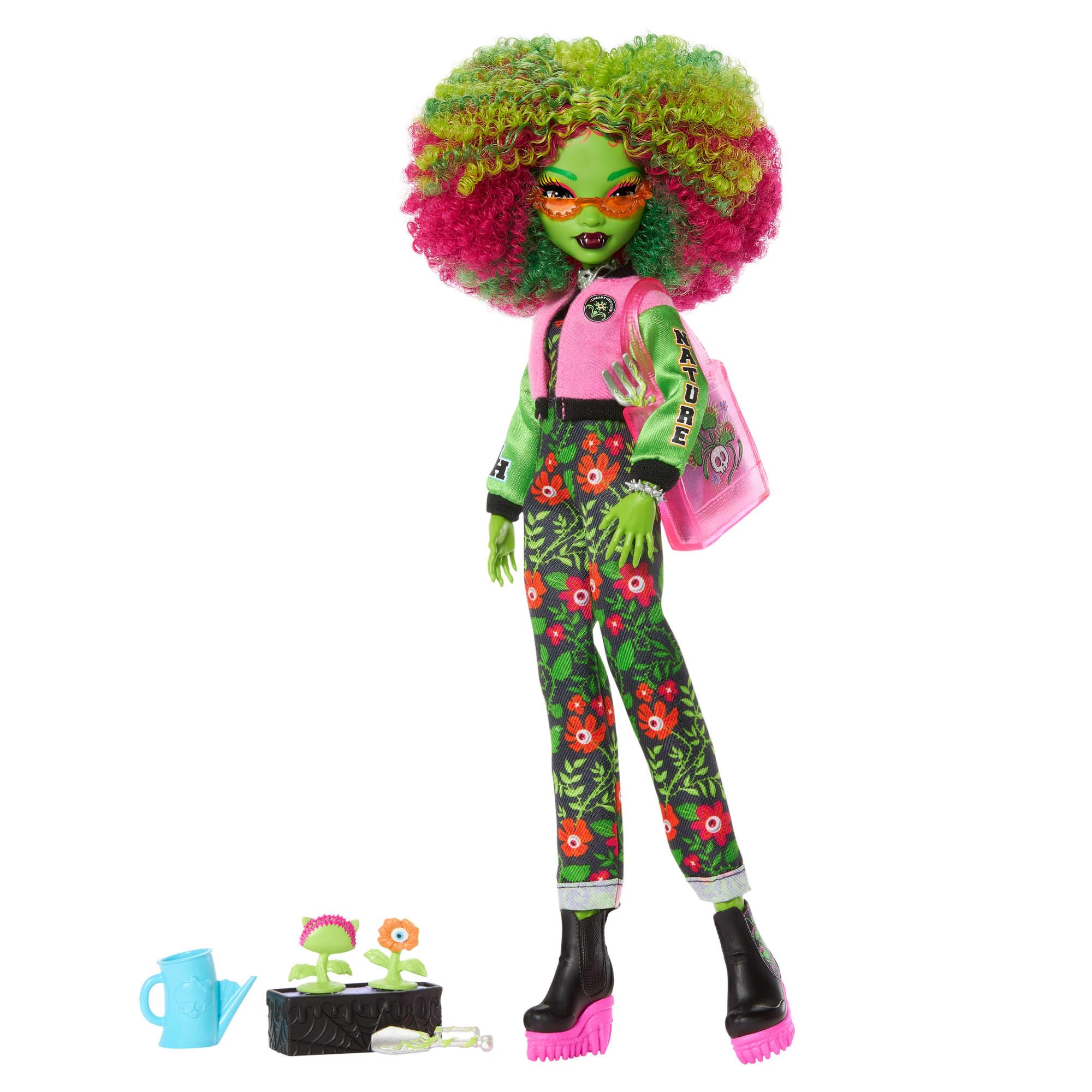 Monster High Fearbook Venus McFlytrap Doll & Accessories Set - Green Floral Overalls, Gardening Playset for Kids 4-10 1