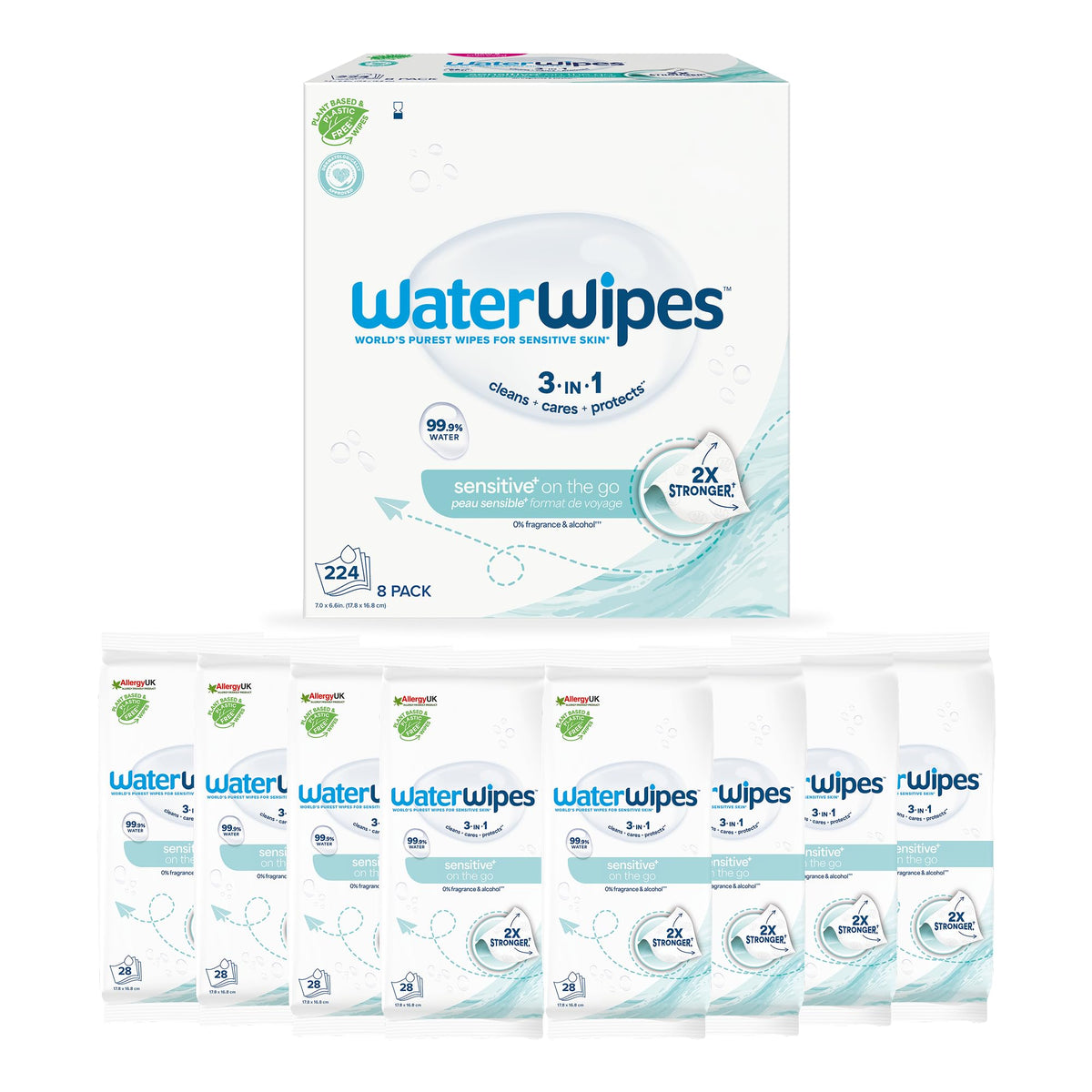WaterWipes Sensitive+ On The Go Wipes - 224 Count (8 Packs) | 3-In-1 Cleansing | Unscented