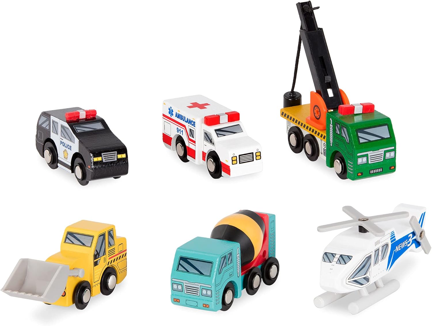 Battat Wooden Vehicles Set - 6pc Rescue & Construction Toy Playset for Kids 3+ 1